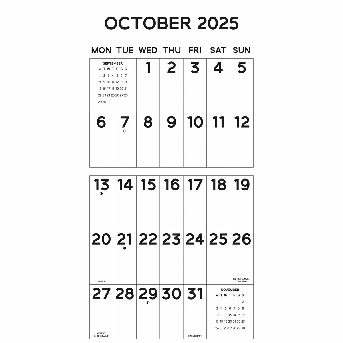 October 2025 Calendar Big Numbers