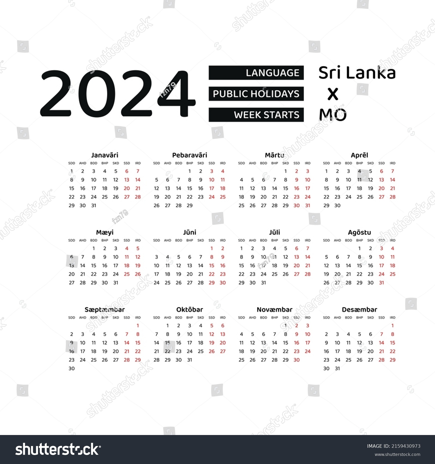 Calendar 2024 Sinhala Language Sri Lanka Stock Vector Royalty Free 2159430973 Shutterstock