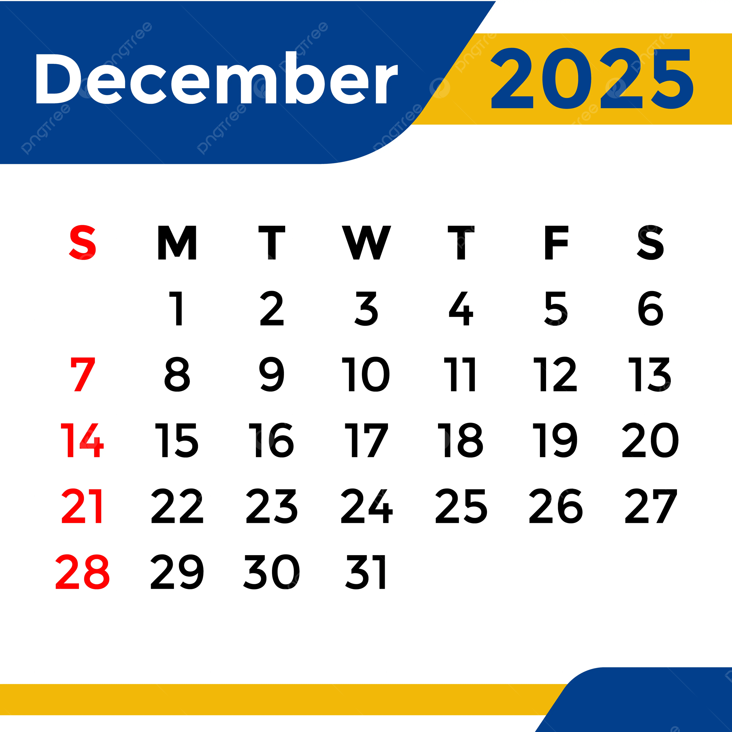 Calendar 2025 December Month Vector Template Download On Pngtree