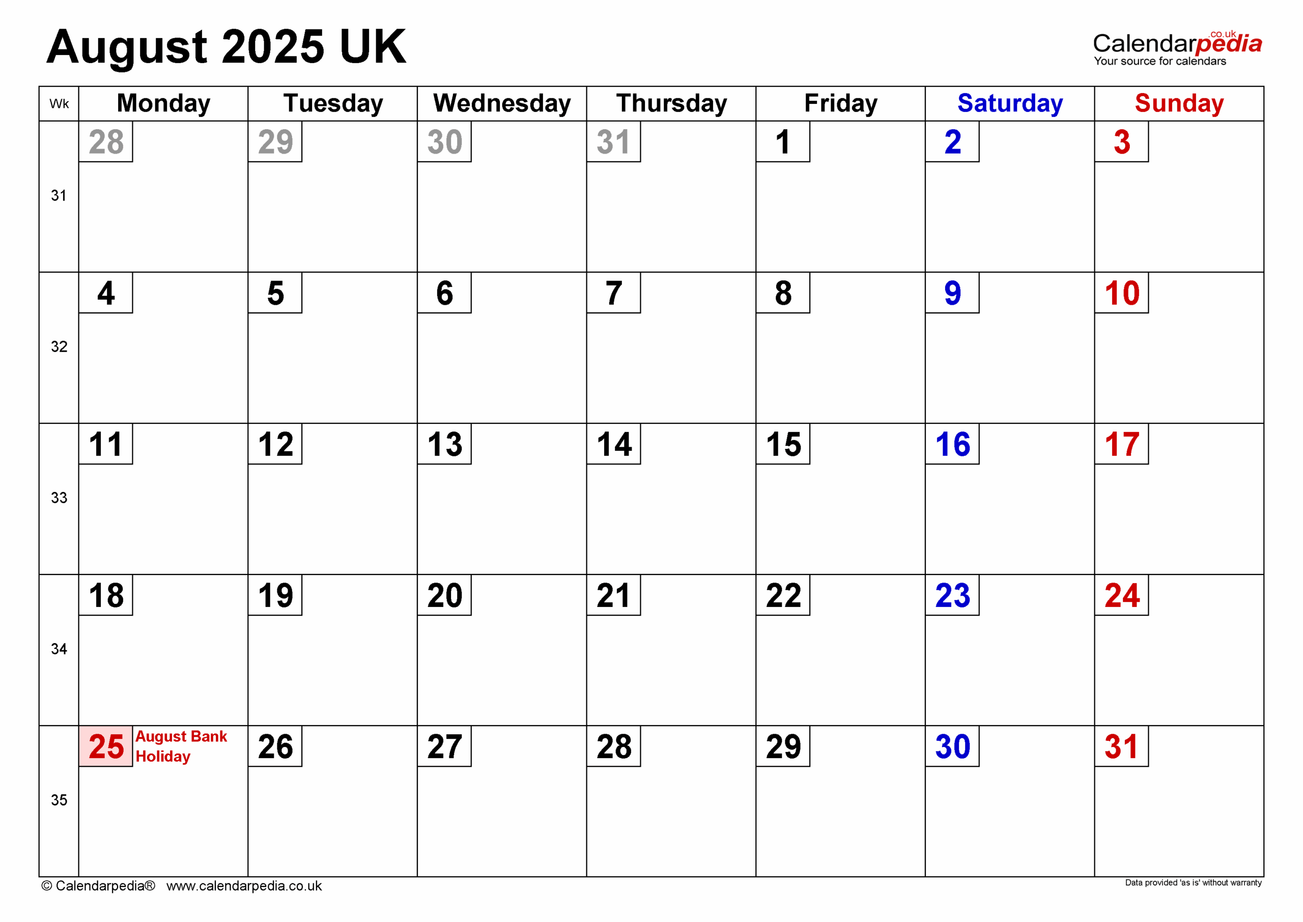 August Calendar 2025 Large