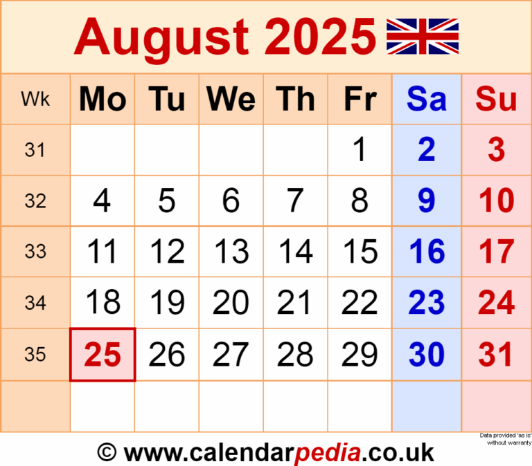 Calendar August 2025 UK With PDF Excel And Word Templates