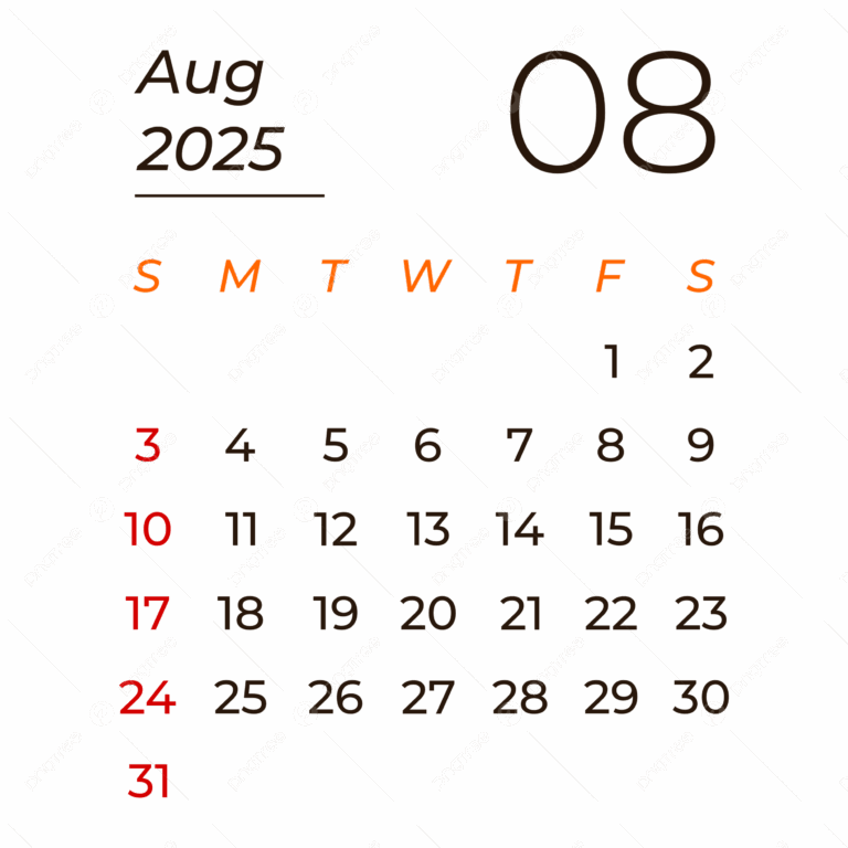 Calendar August 2025 Vector August 2025 Calendar 2025 Calendar August PNG And Vector With Transparent Background For Free Download