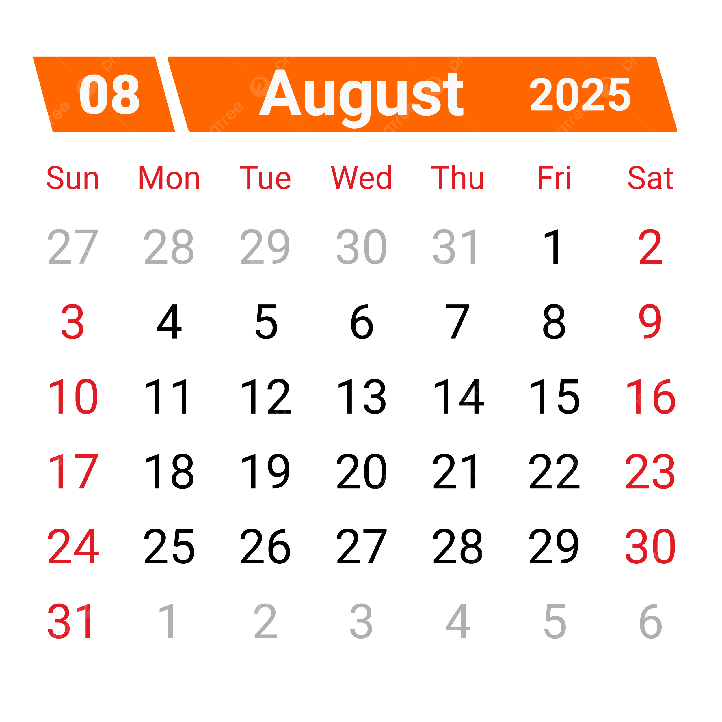 Calendar August 2025 Vector Calendar August Calendar August 2025 Calendar 2025 PNG And Vector With Transparent Background For Free Download