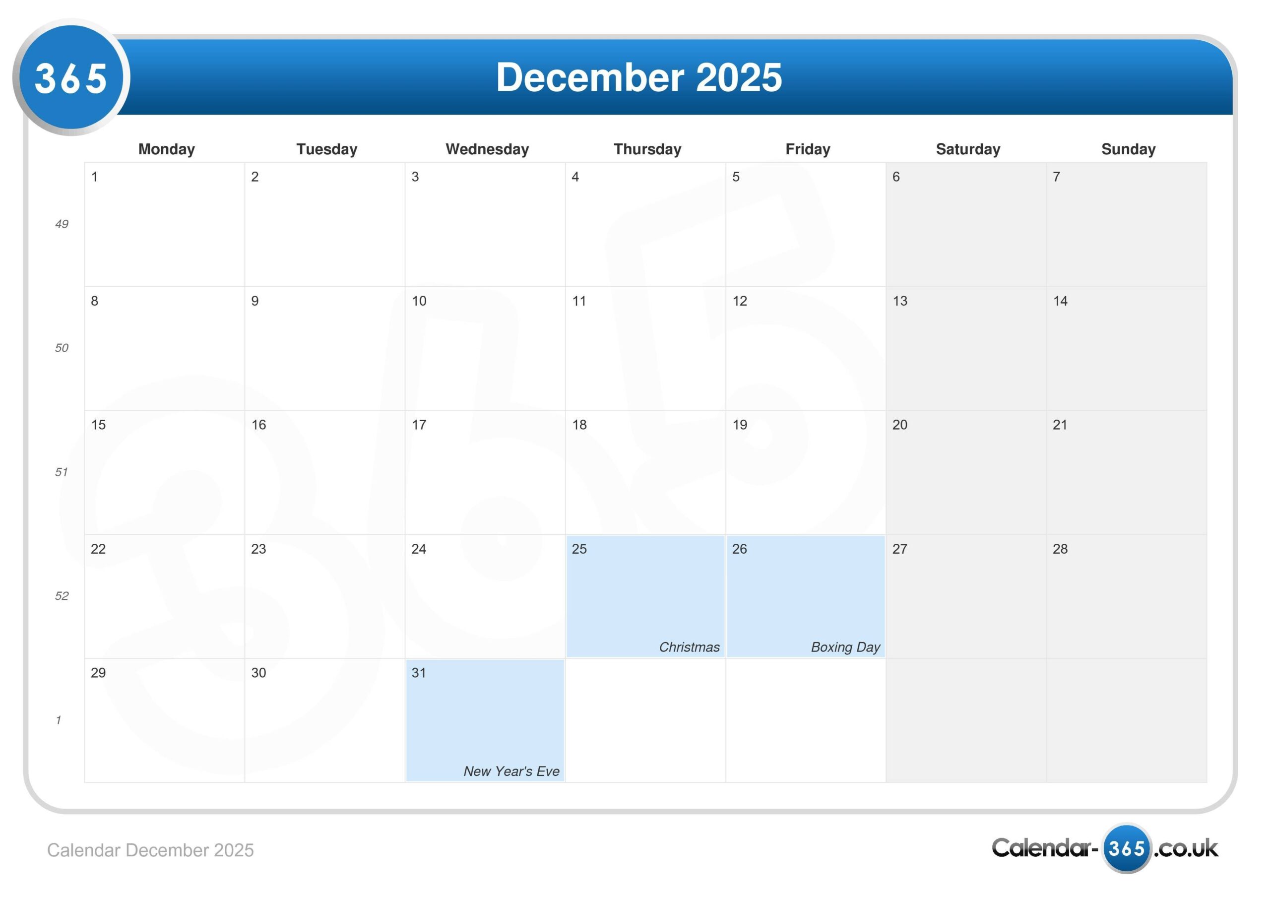 December 2025 Calendar Uk