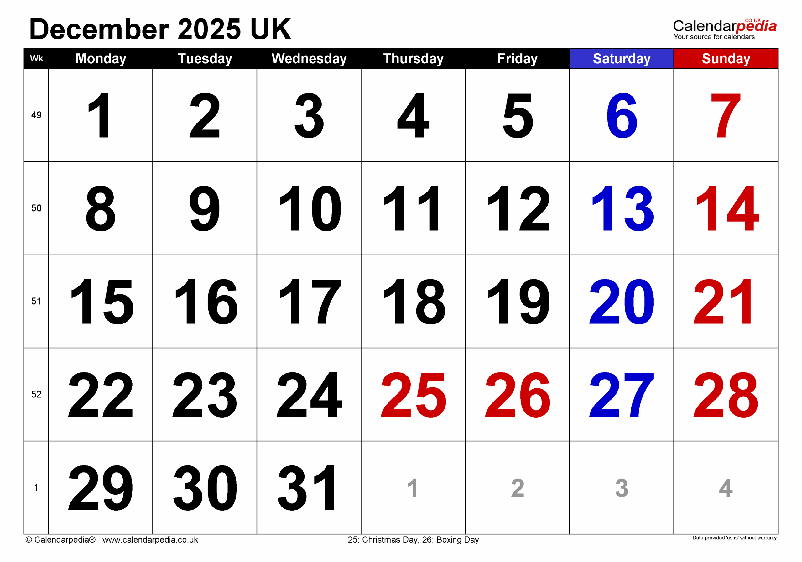 December Calendar 2025 With Holidays Printable