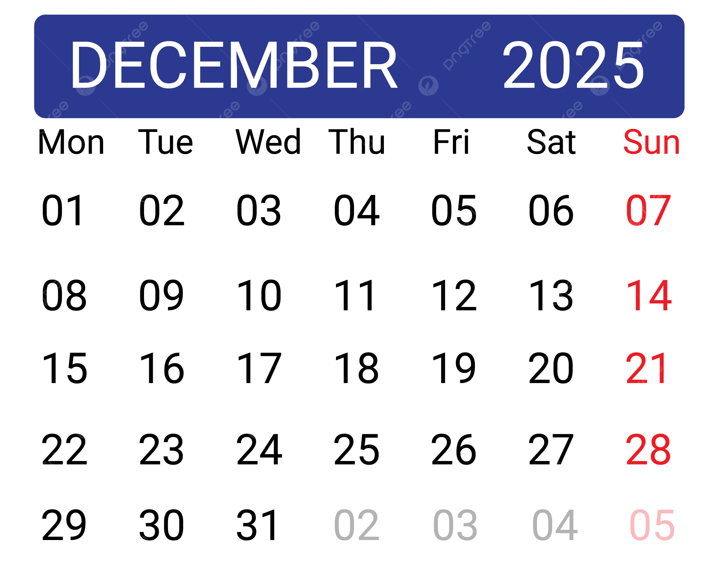Png December 2025 Calendar
