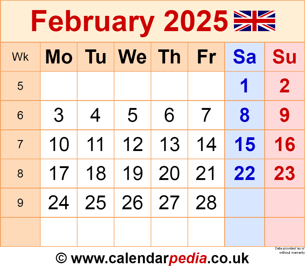 Calendar February 2025 UK With PDF Excel And Word Templates