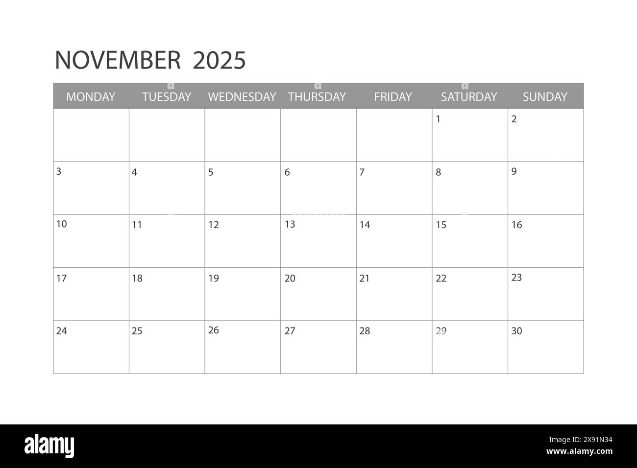 Calendar For November 2025 The Week Starts On Monday Stock Vector Image U0026 Art Alamy