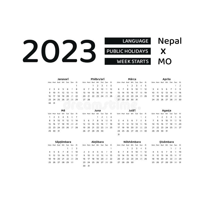 Calendar Nepal 2025 S pt m na ncepe De Luni Design Grafic Vectorial Stock Vector Ilustrare Din Nepal Vector 260573513