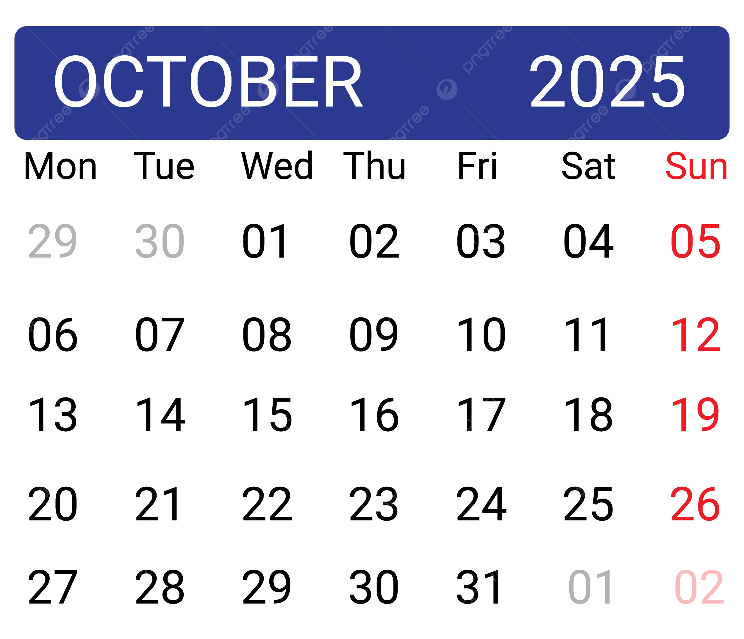 October 2025 Calendar Transparent Background