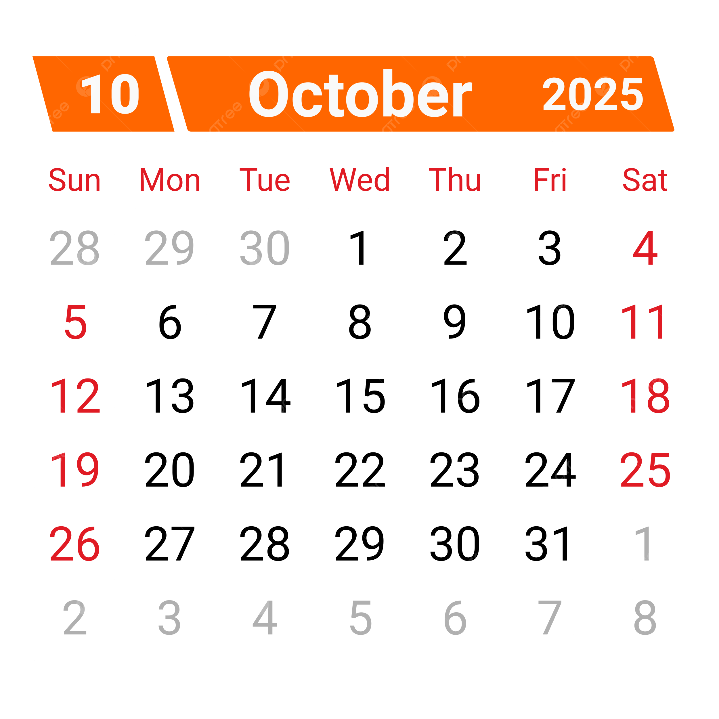 Calendar October 2025 Vector Calendar October 2025 Calendar 2025 October 2025 PNG And Vector With Transparent Background For Free Download