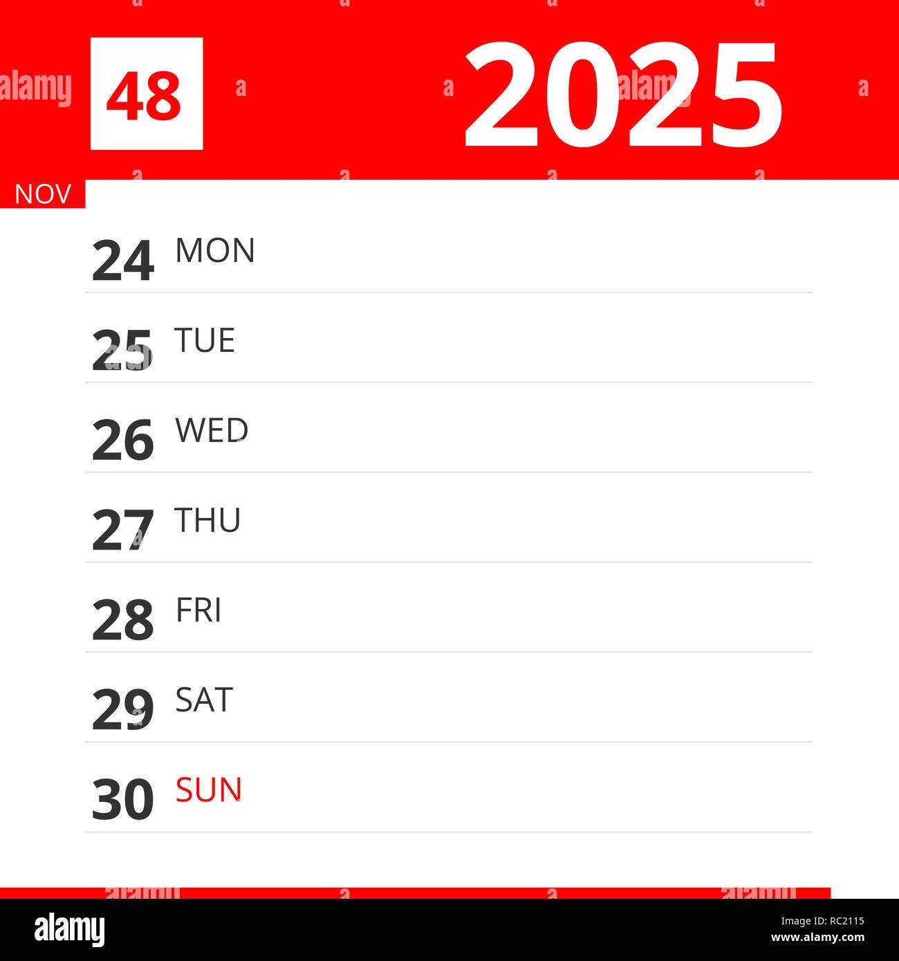 Calendar Planner For Week 48 In 2025 Ends November 30 2025 Stock Photo Alamy