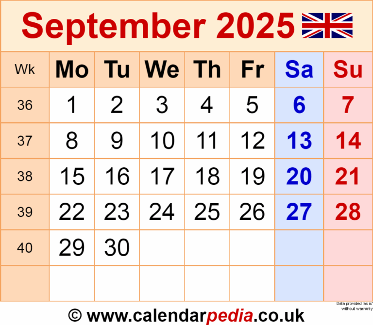 Calendar September 2025 UK With PDF Excel And Word Templates