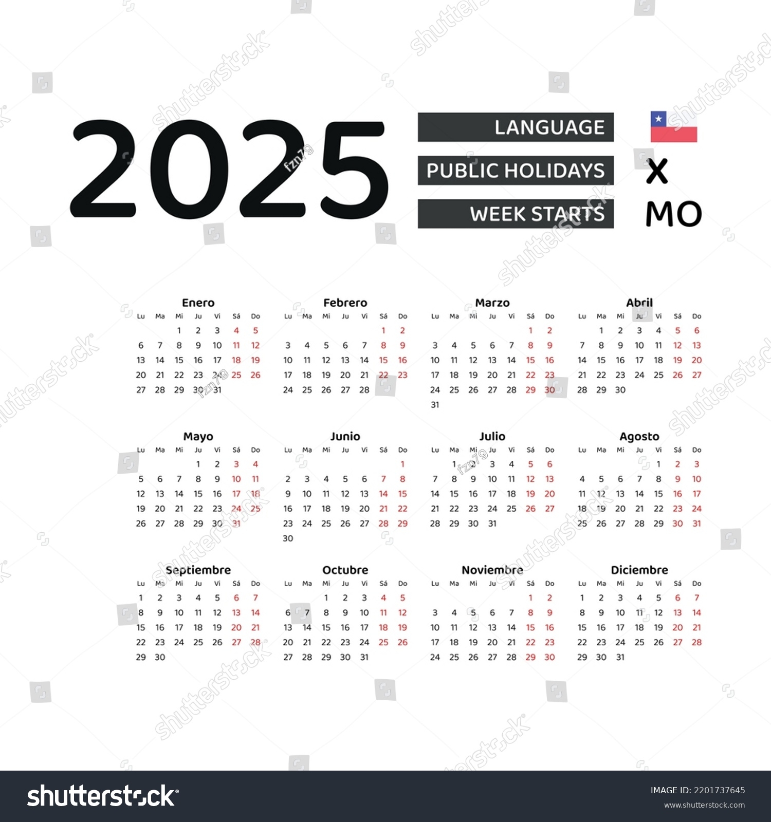 Chile Calendar 2025 Week Starts Monday Stock Vector Royalty Free 2201737645 Shutterstock