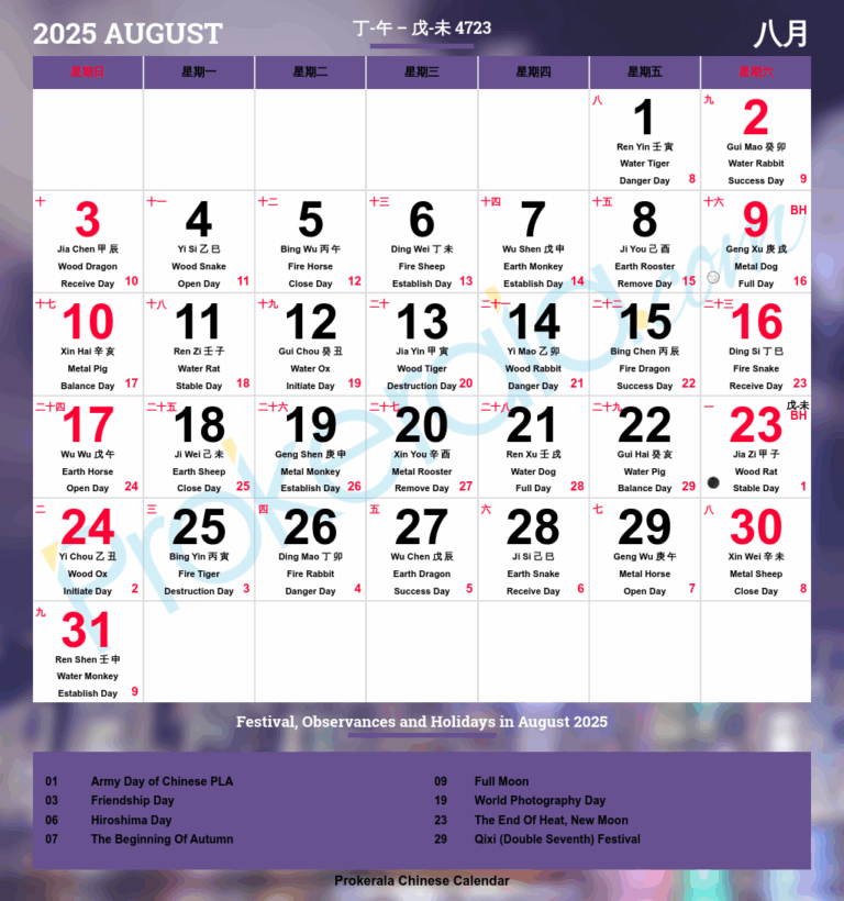 Chinese Calendar 2025 August 2025