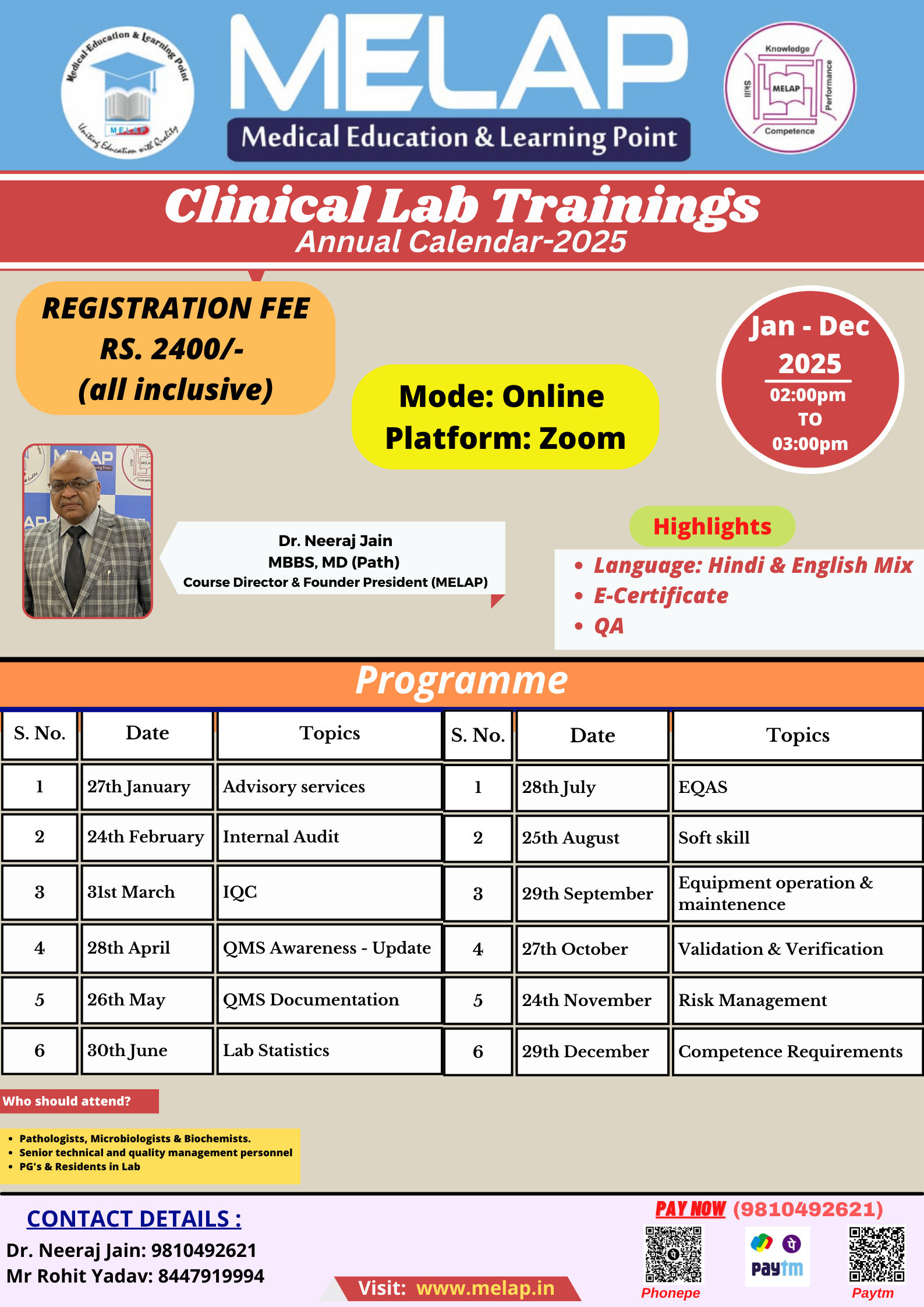 Clinical Lab Trainings Annual Calendar 2025 Jan Dec MELAP