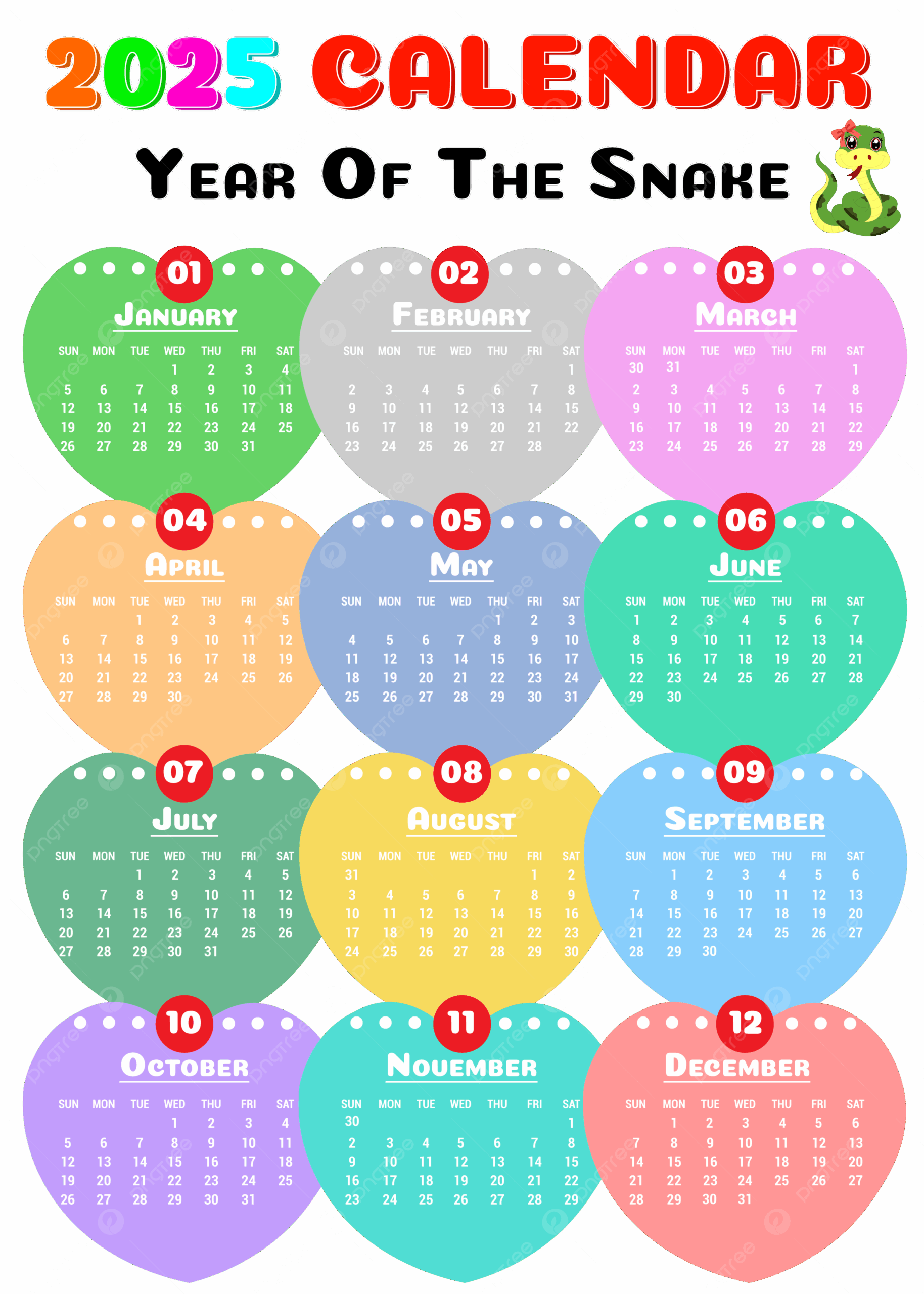 Cute Calendar 2025 Template Heart Shape Full 12 Months Colorful 