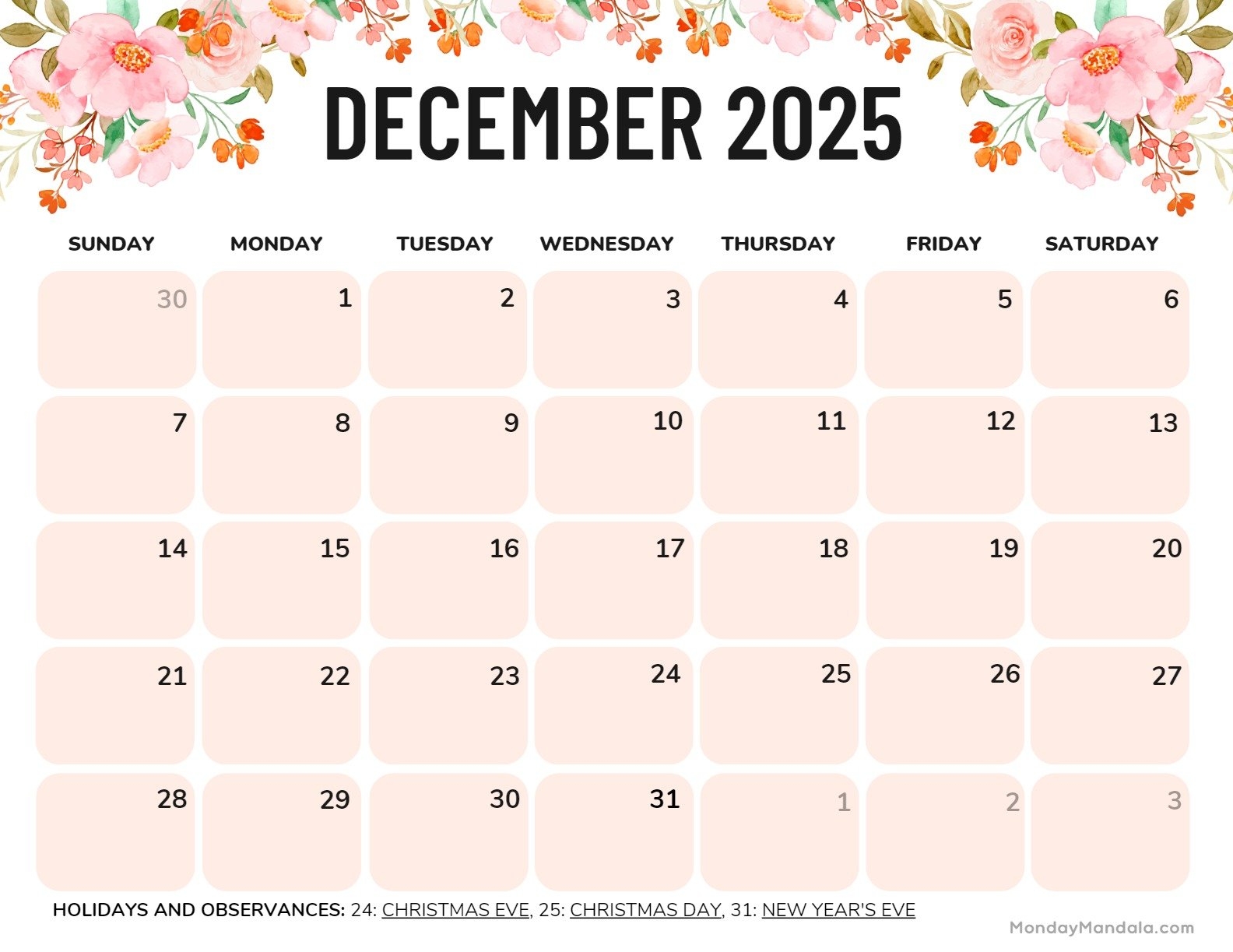 December 2025 Calendar 52 Free PDF Printables 