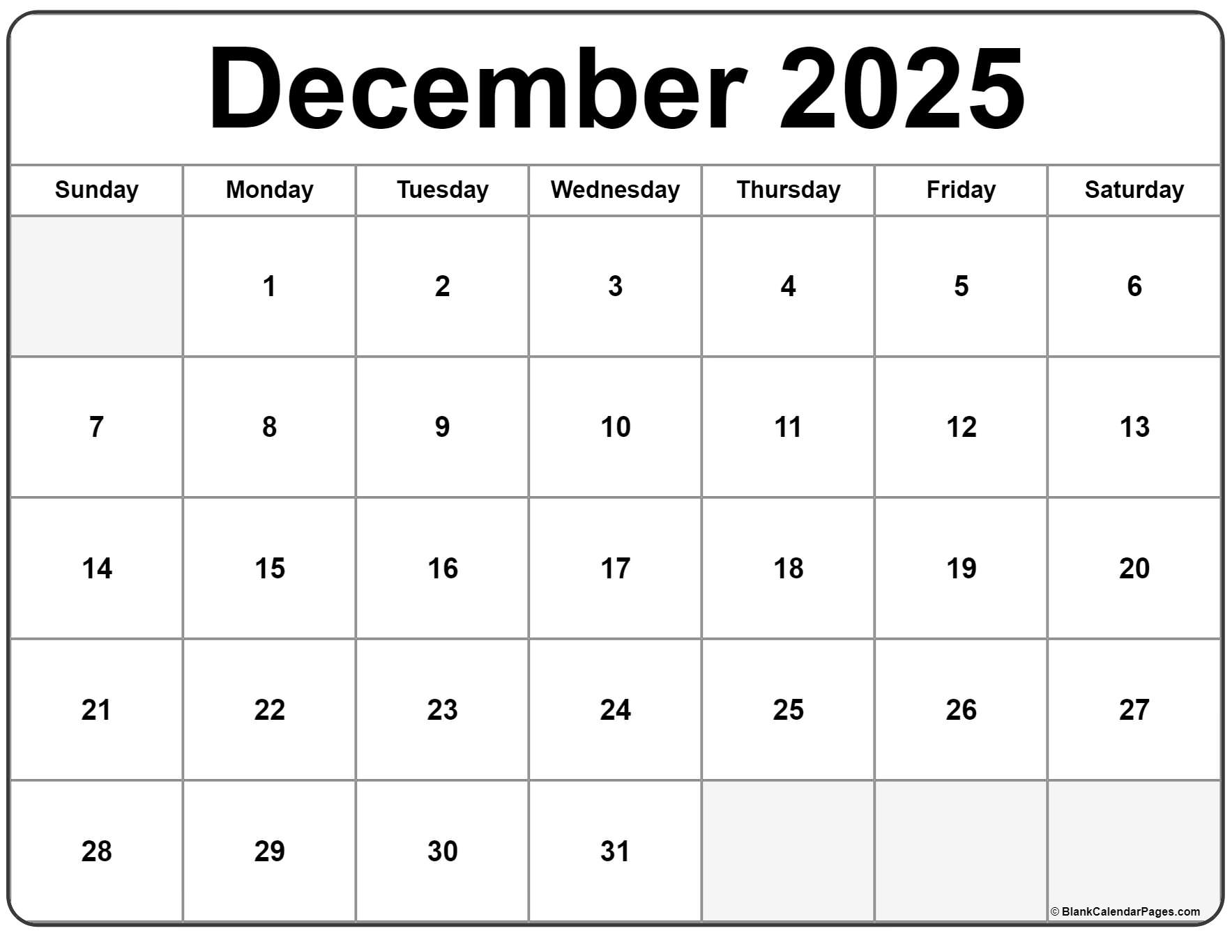 Printable Weekly Calendar December 2025