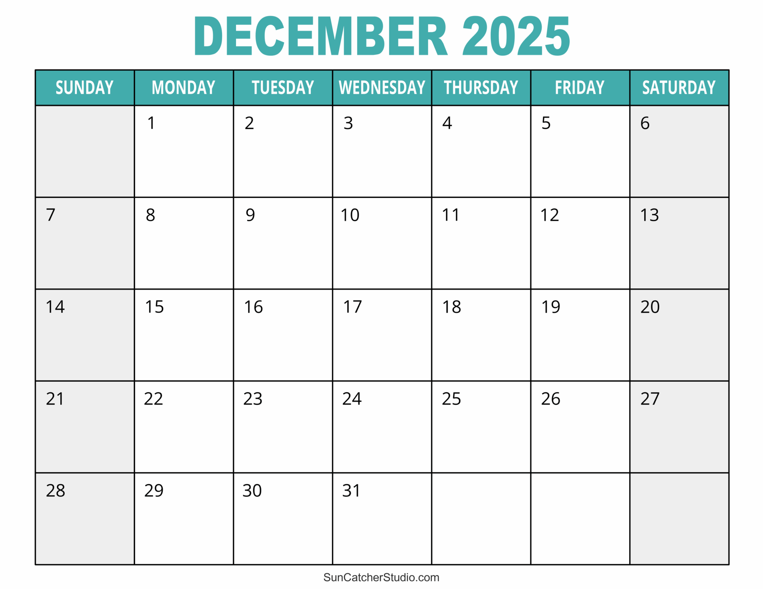 December 2025 Calendar Big Squares