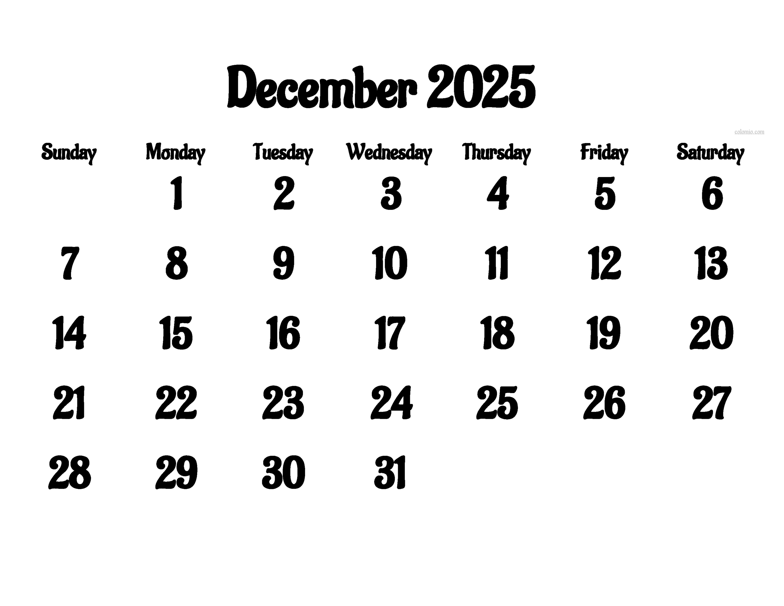 December 2025 Calendaar