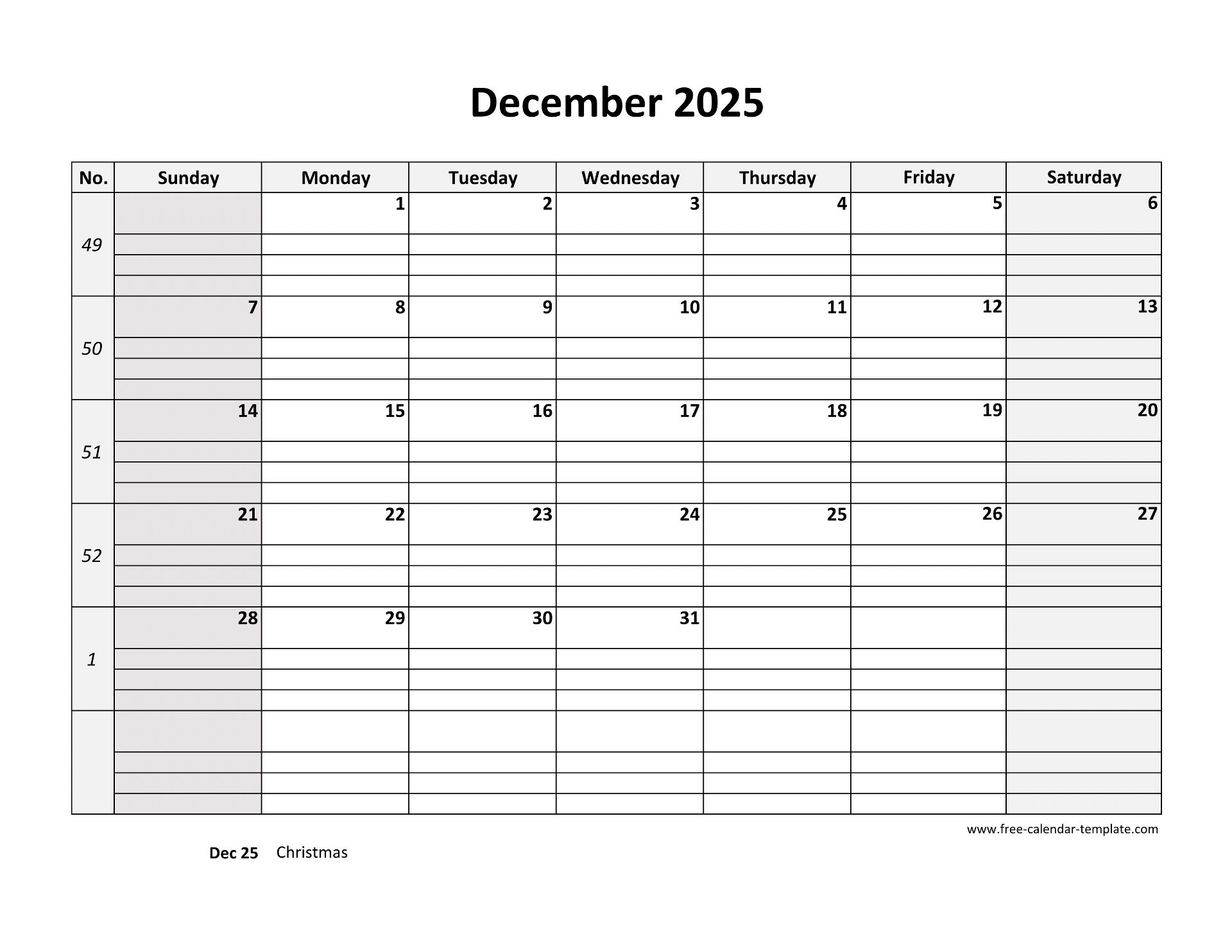 December 2025 Calendar Free Printable With Grid Lines Designed 