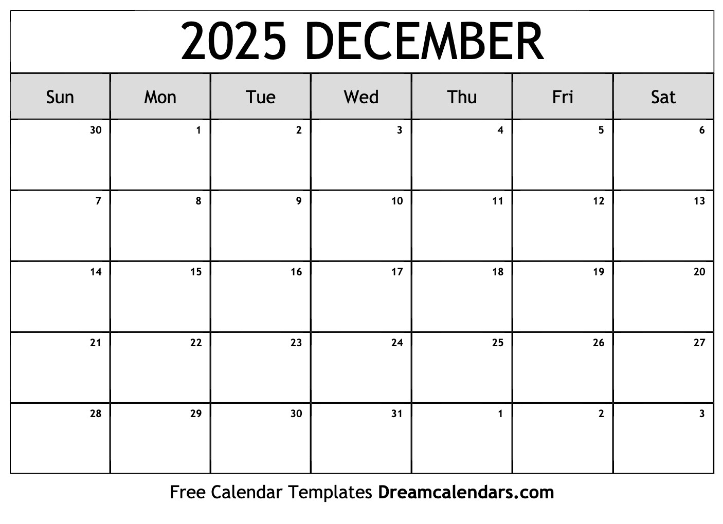 December 2025 Calendar Printable Landscape