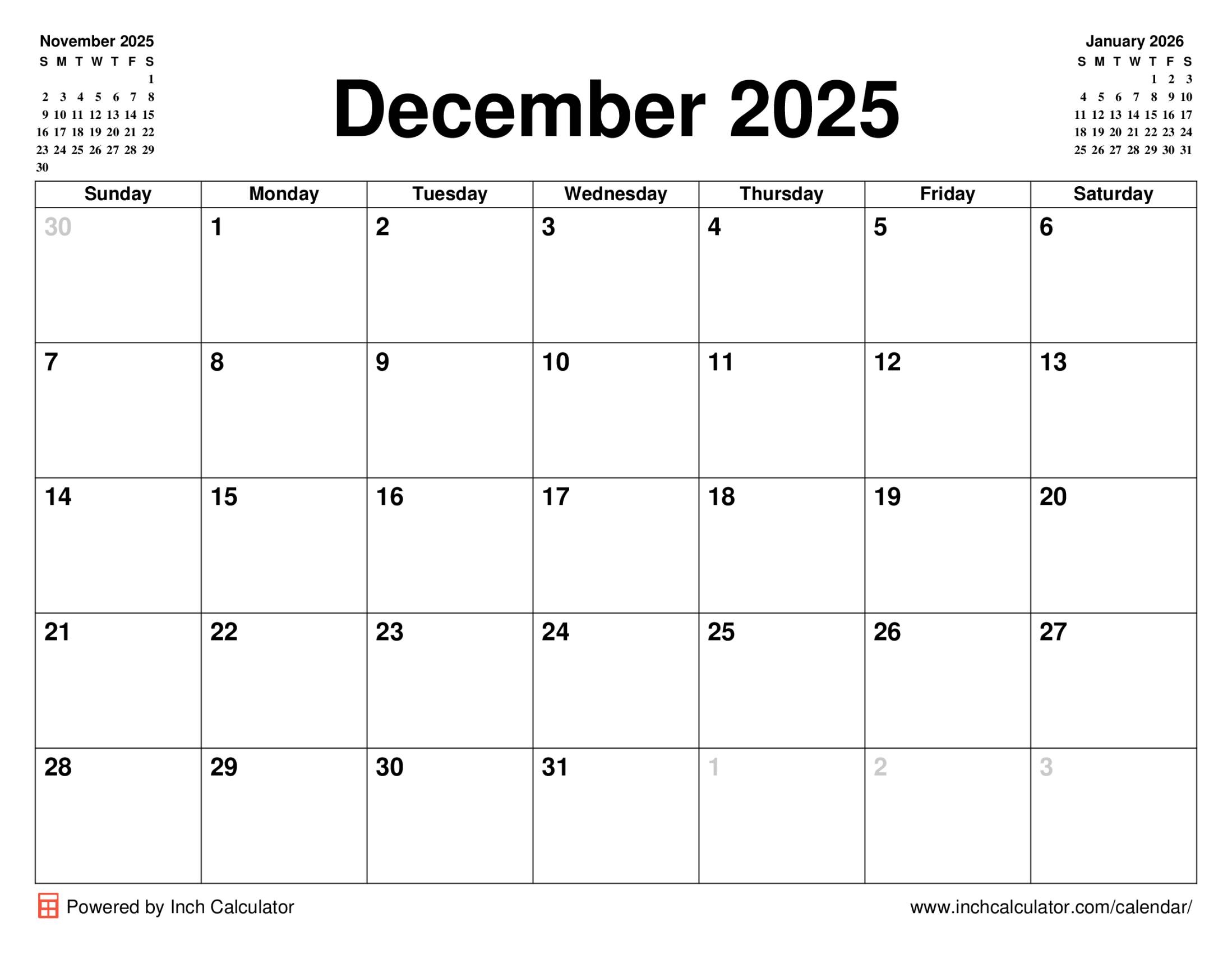 December 2025 Calendar Inch Calculator