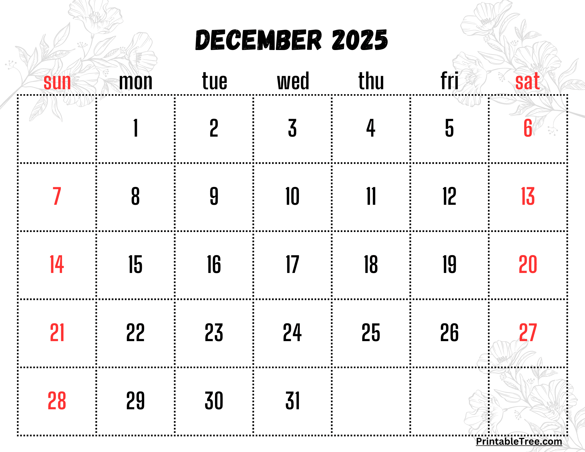 Free Fillable December 2025 Calendar