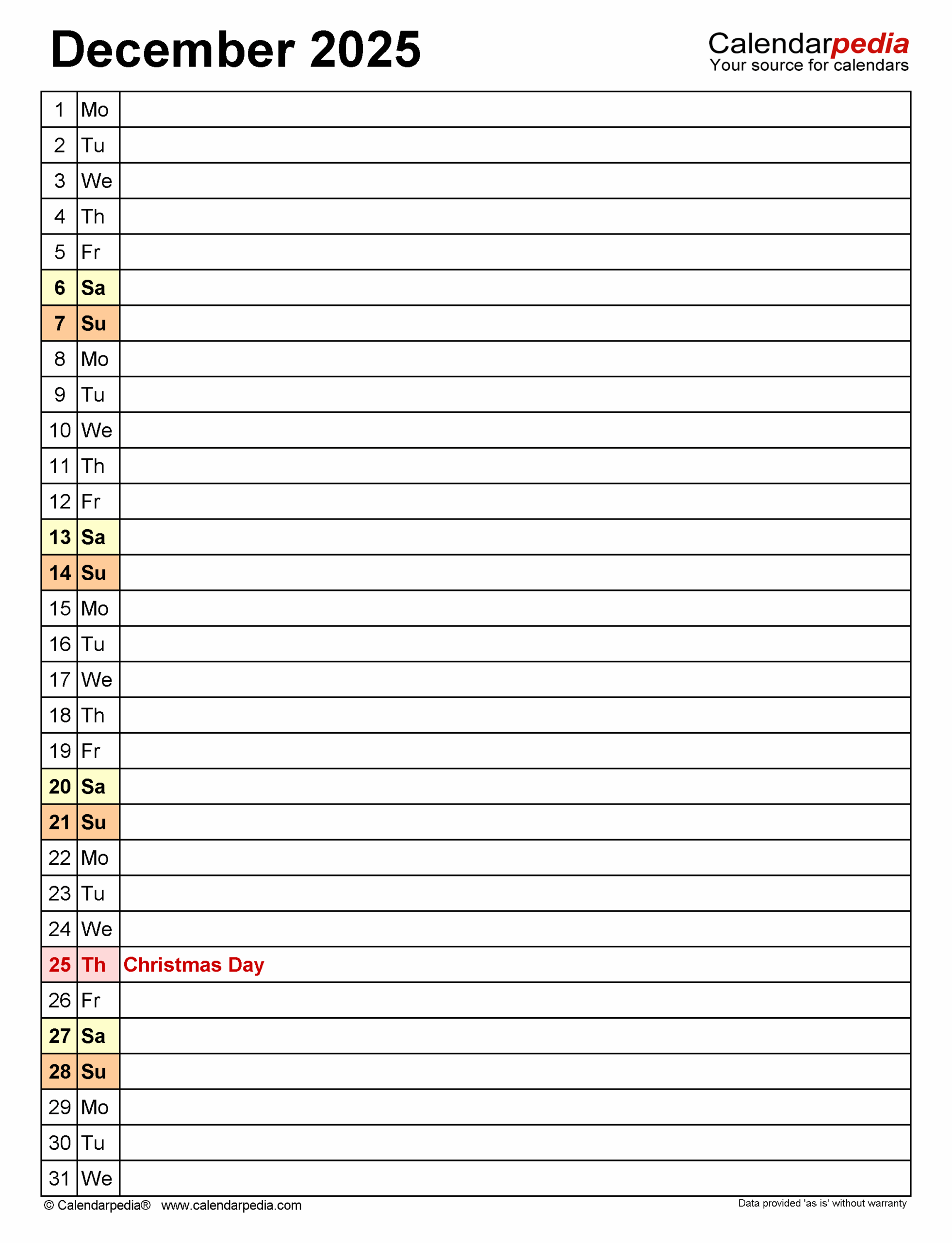 December 2025 Calendar Calendarpedia