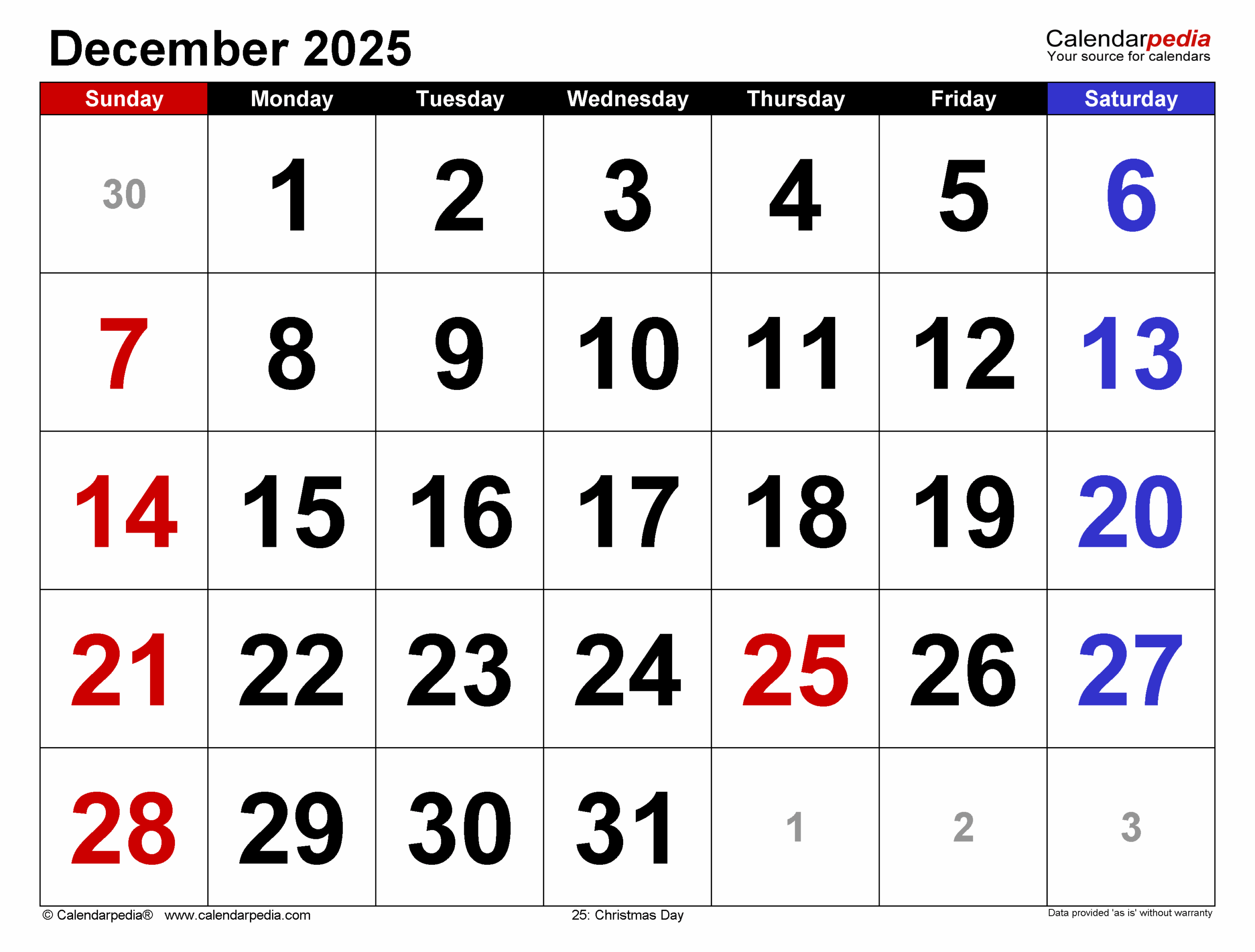 December Calendar Dates 2025
