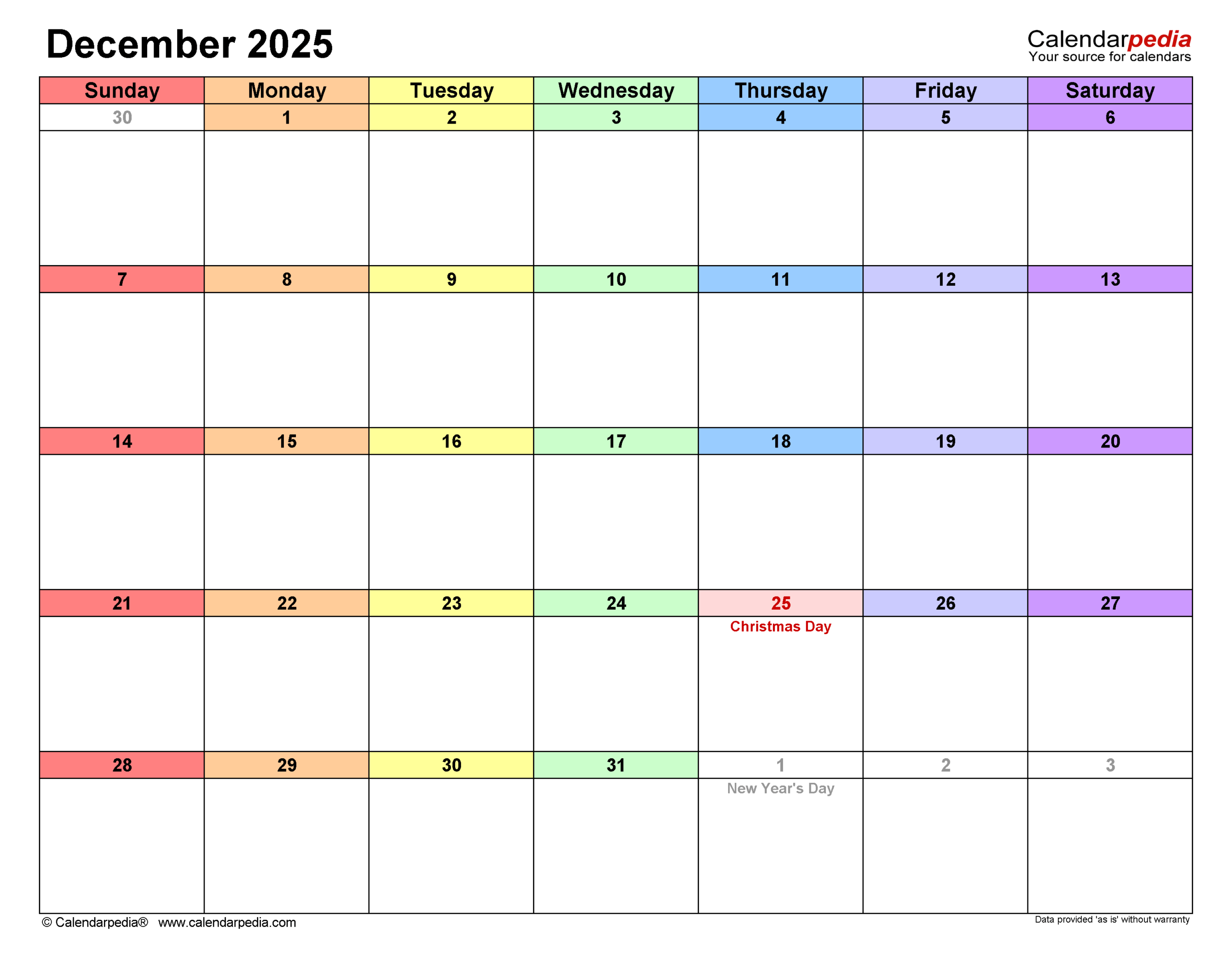 Word Calendar Template December 2025