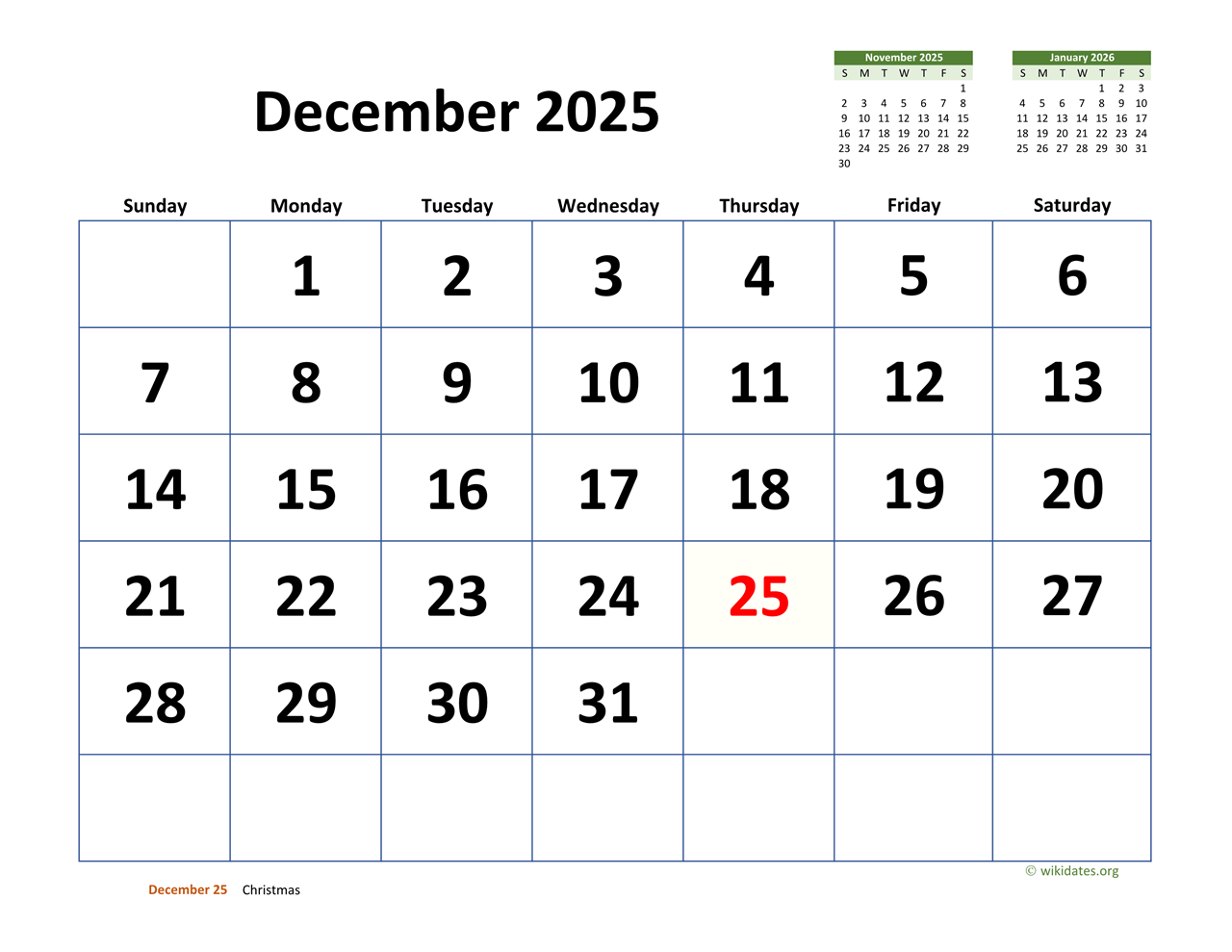 December 2025 Calendar With Extra large Dates WikiDates