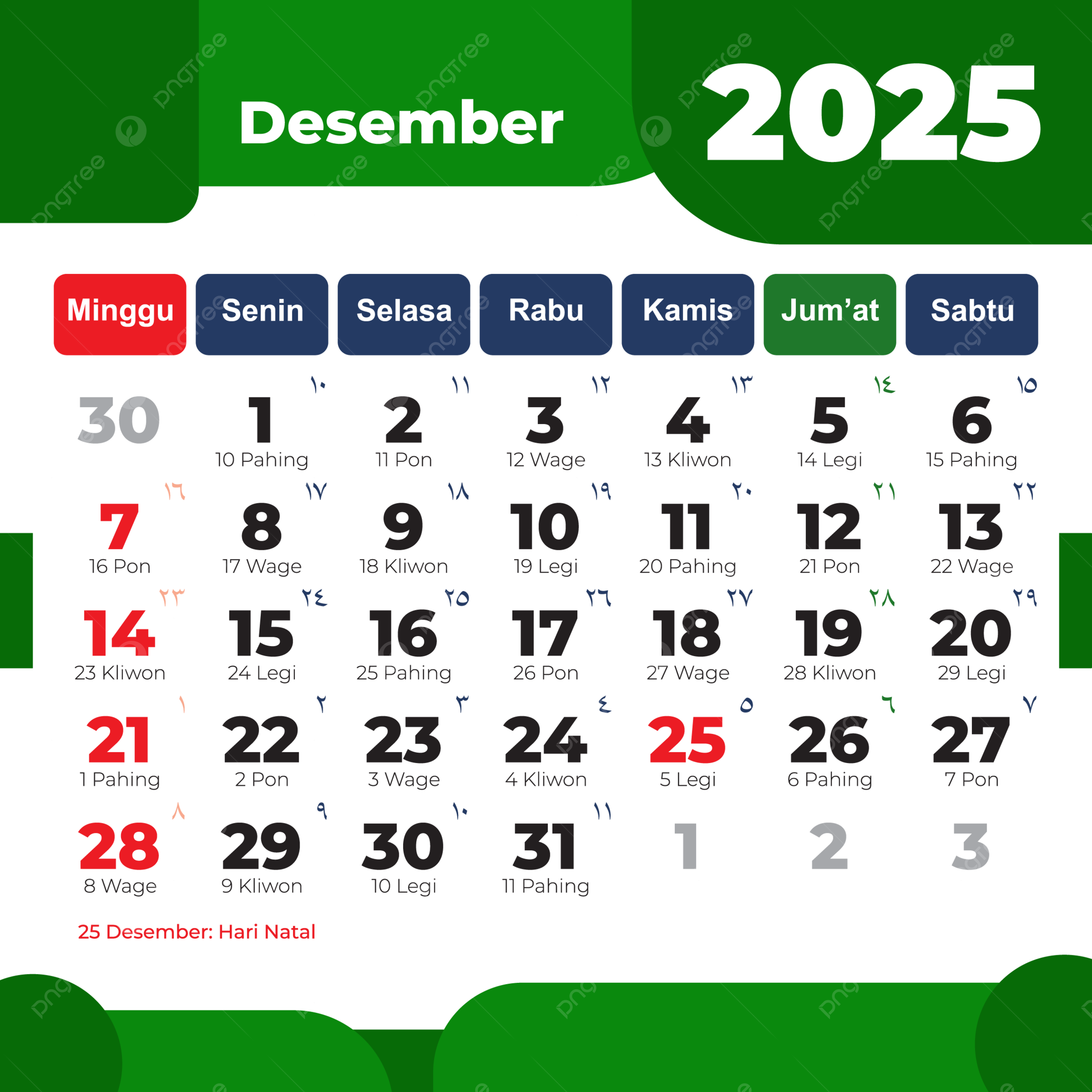 December 2025 Complete Indonesian Calendar In Green Vector 2025 Calendar Indonesian Calendar December PNG And Vector With Transparent Background For Free Download