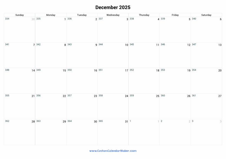 December 2025 Day Number Of The Year Calendar Custom Calendar Maker
