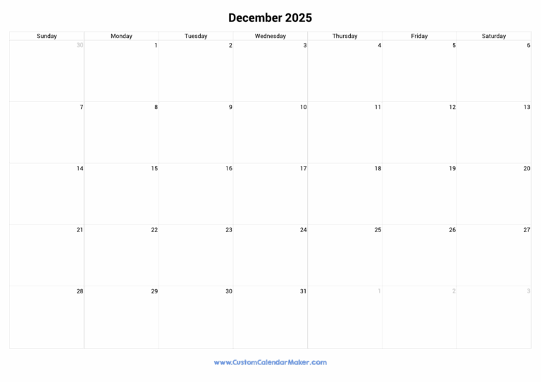 December 2025 Landscape Calendar With Large Boxes Custom Calendar Maker