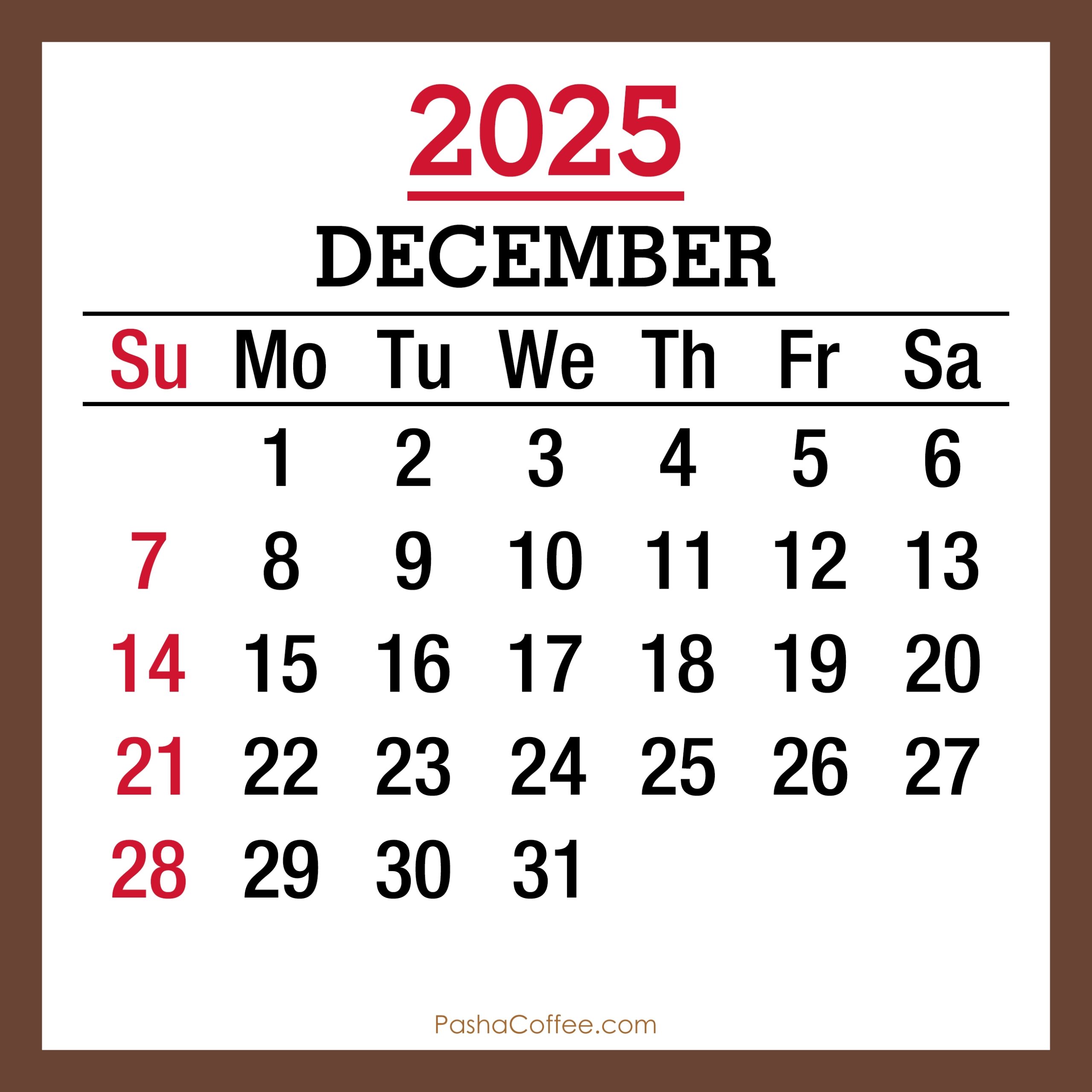 December 2025 Monthly Calendar Printable Free Brown Sunday 