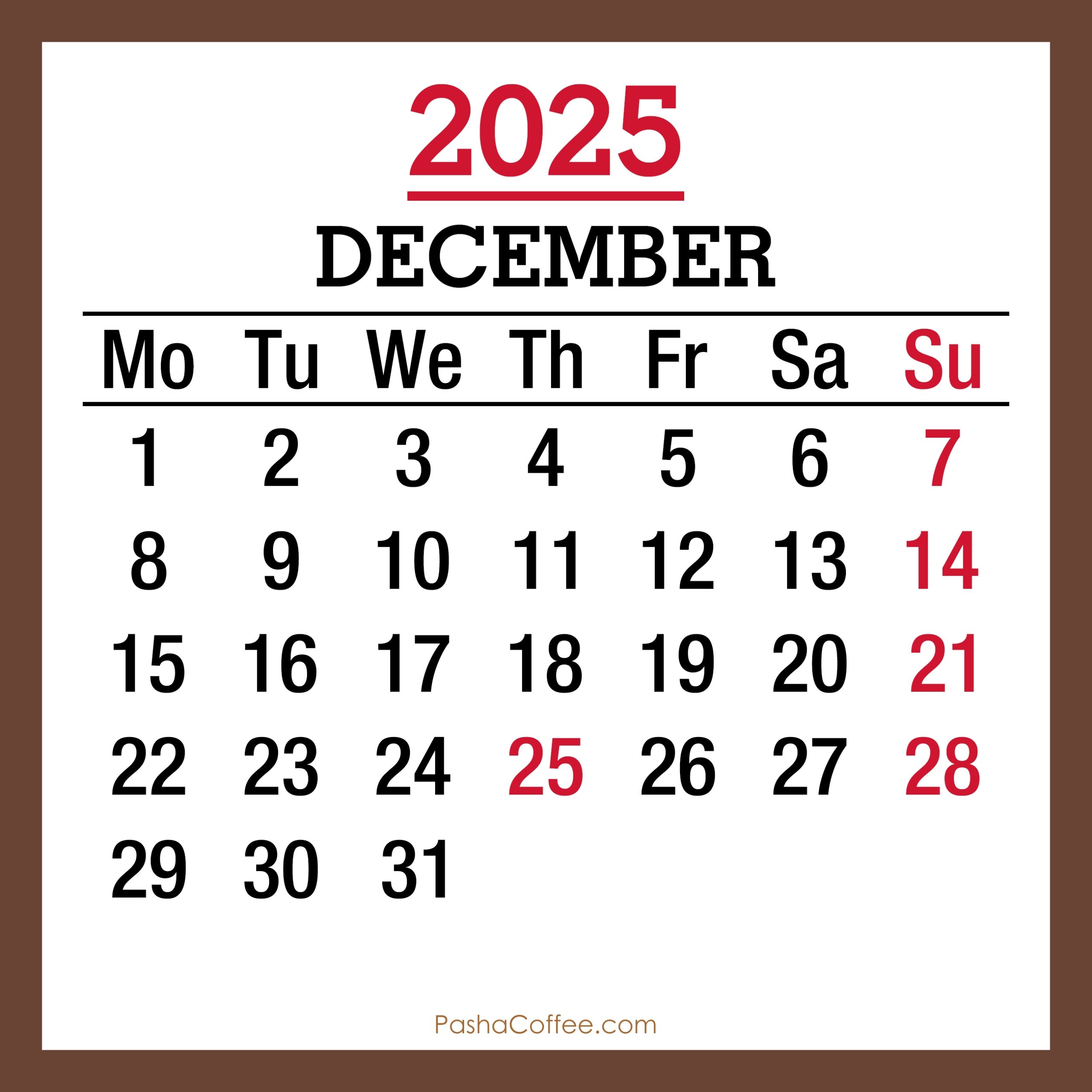 2025 December Calendar Holiday