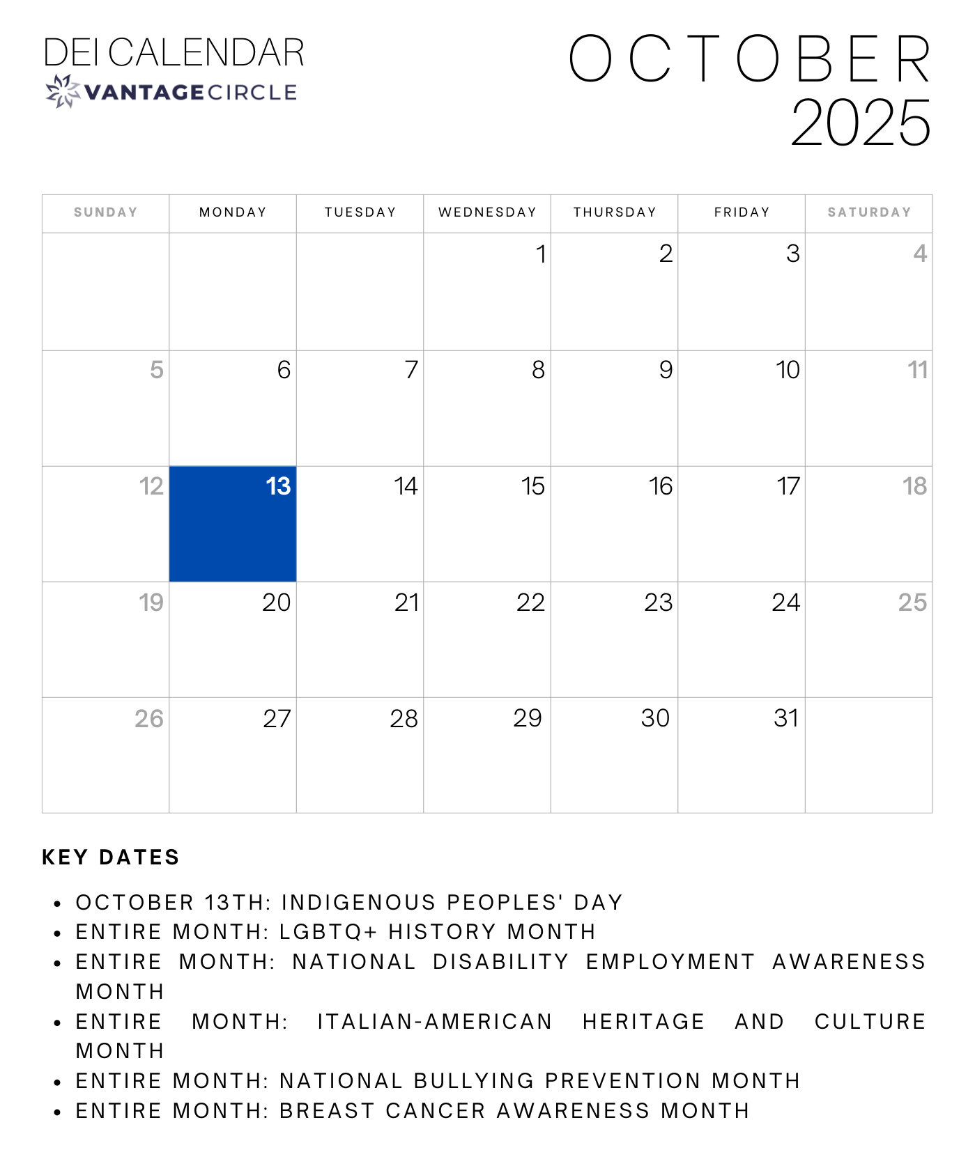 Diversity Calendar October 2025 Printable Calendar 20252026