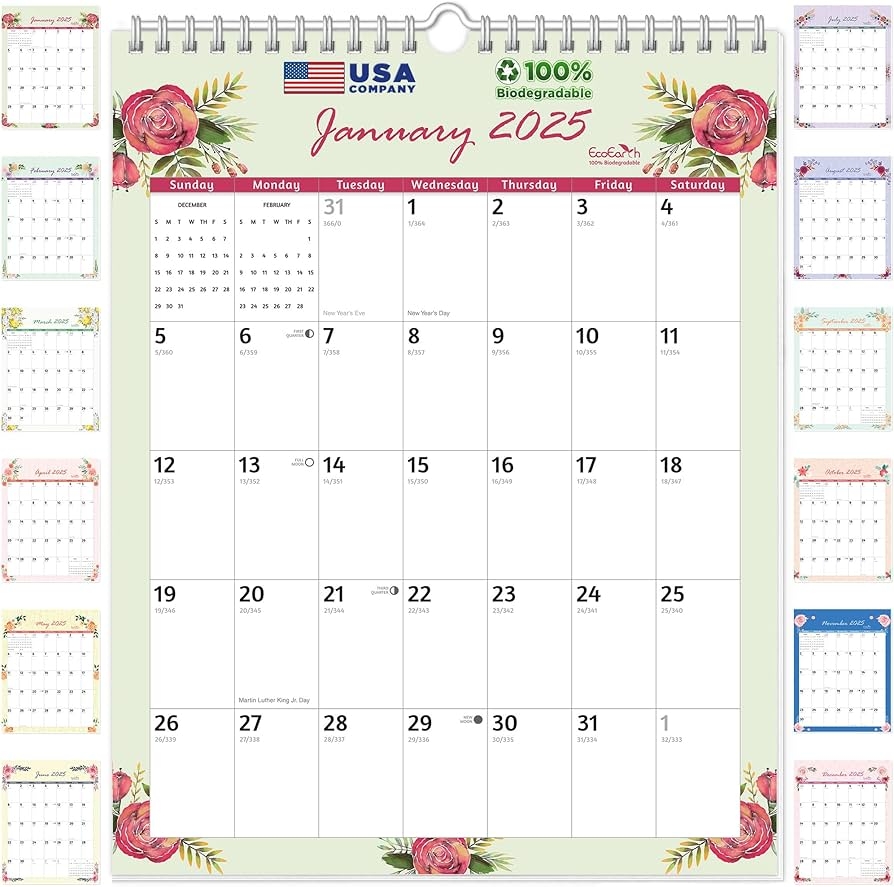 EcoEarth Biodegradable 8 5x11 Inch 12 Month Vertical Hanging Wall Calendar 2025 Monthly Calendar Blossoms
