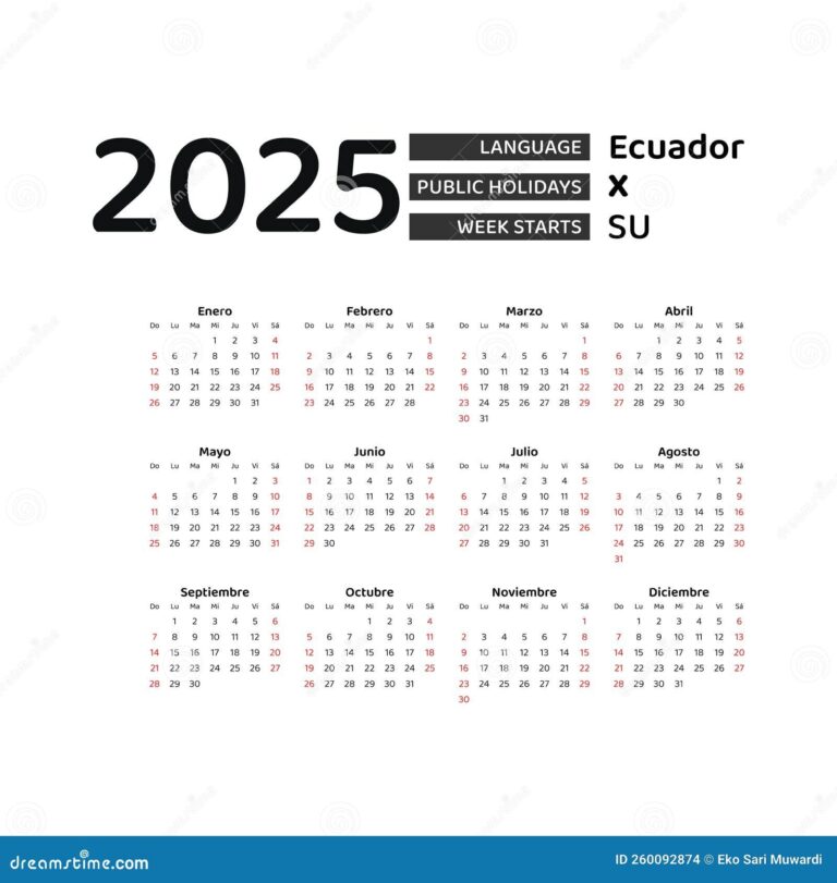 Ecuador Calendar 2025 Week Starts From Sunday Vector Graphic 