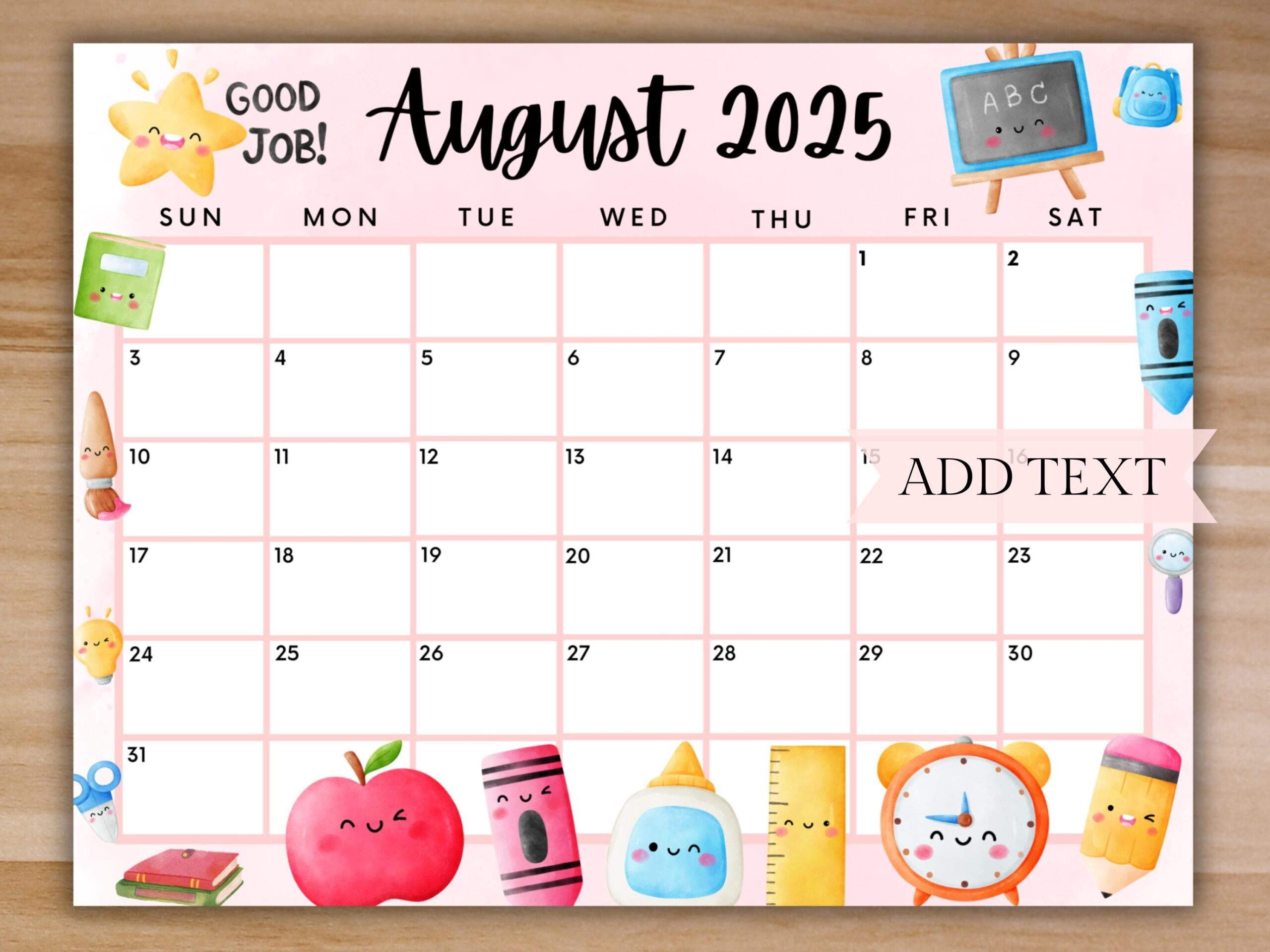 Editable August 2025 Calendar Pink Printable Back To School Calendar Kids ABC Calendar Cute School Calendar Preschool Schedule Pink Etsy