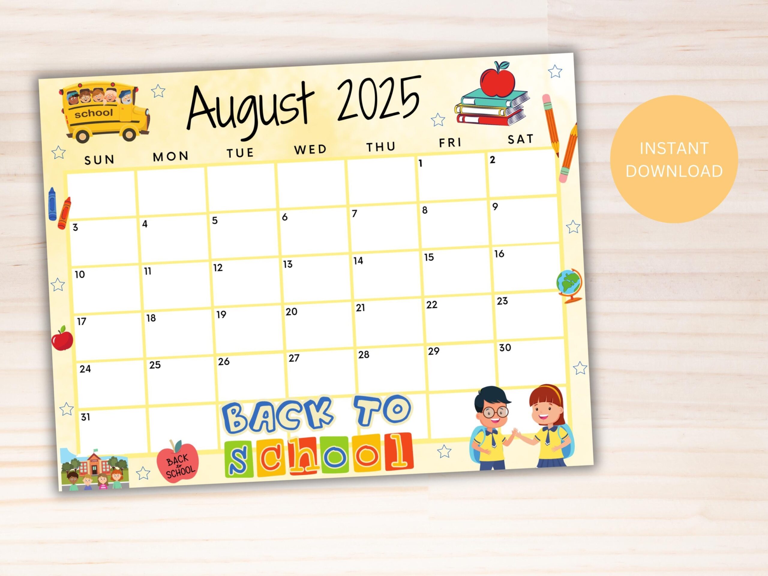EDITABLE August 2025 Calendar Printable Calendar 2025 Back To School Calendar Kids Classroom Calendar Yellow School Calendar Etsy