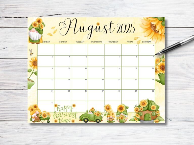 EDITABLE August 2025 Calendar Sunflower Gnome Garden Planner 