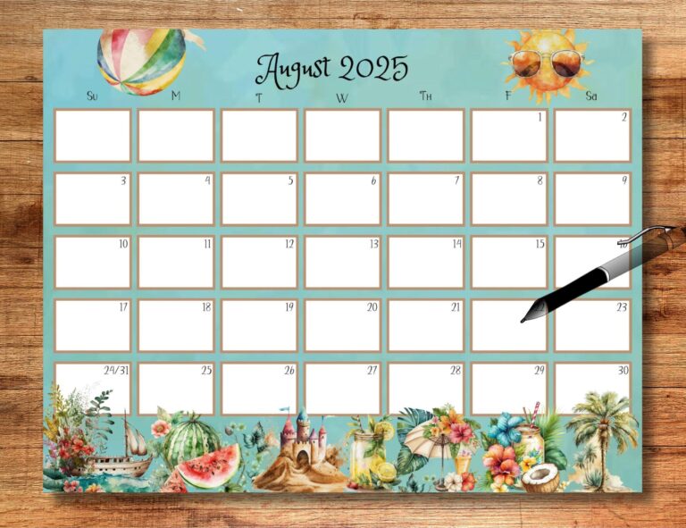 EDITABLE August 2025 Calendar Whimsical Calendar 2025 August Calendar 2025 Calendar Printable Calendar Wall Calendar Beach Calendar Etsy