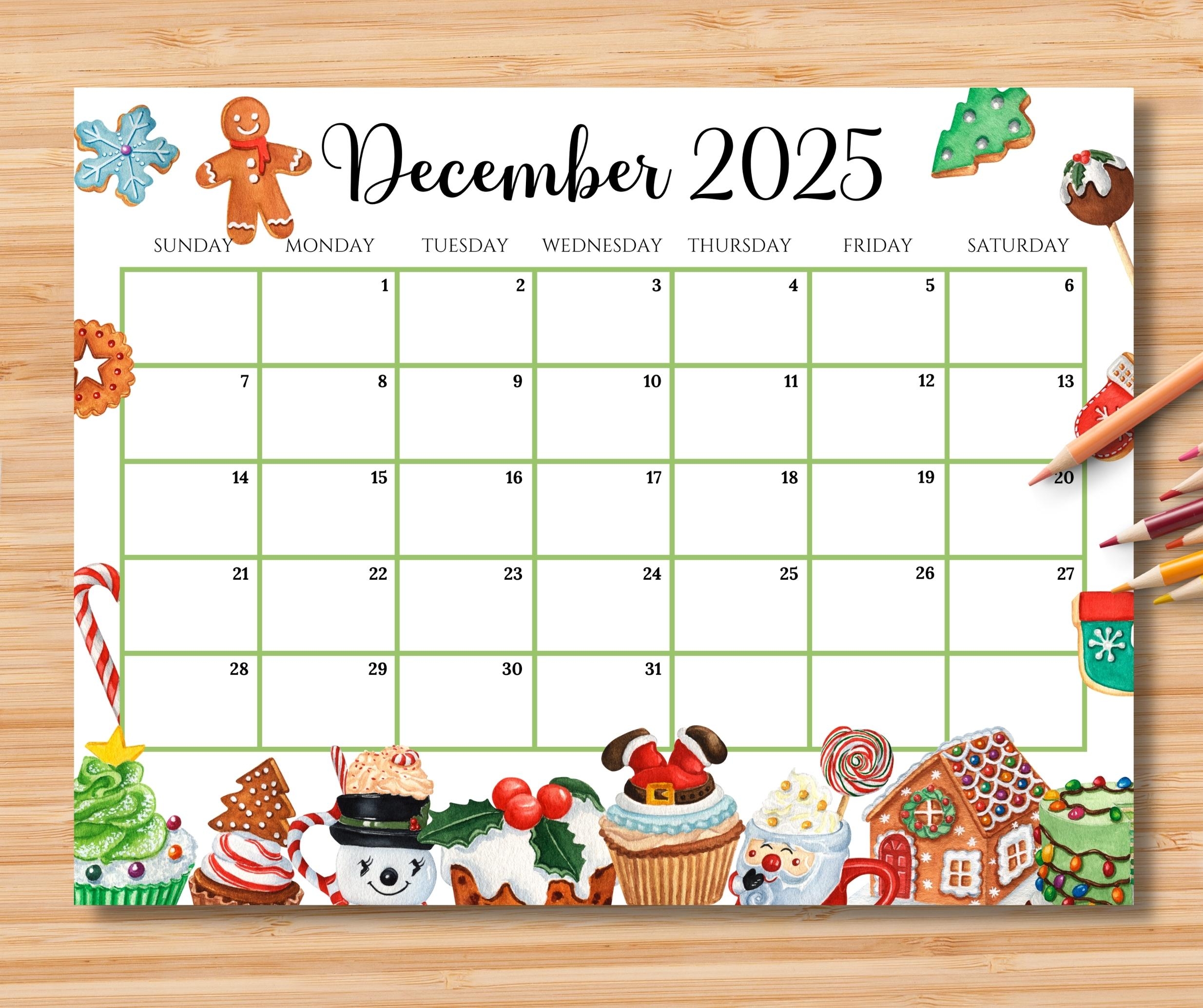 EDITABLE December 2025 Calendar Colorful Christmas W Sweets 