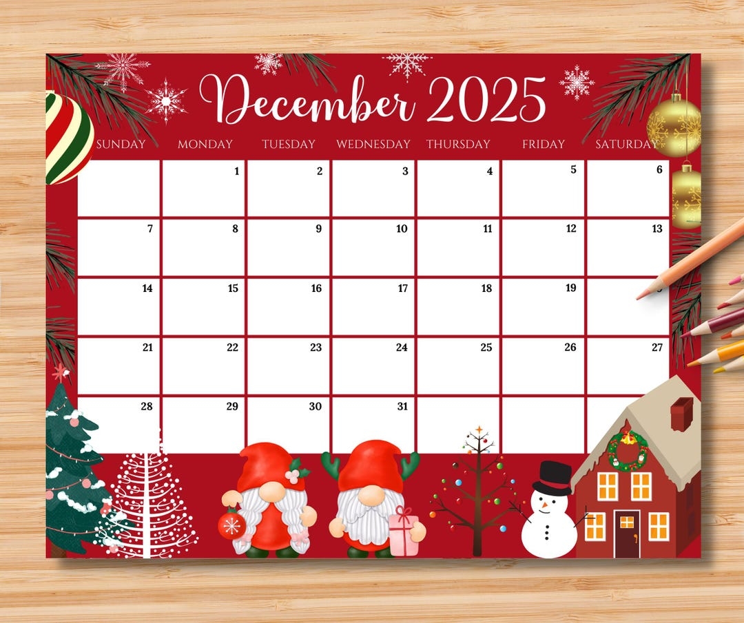 EDITABLE December 2025 Calendar Colorful Christmas With Cute Gnomes Printable Monthly Calendar For Kids School Home Work Office Digital Etsy