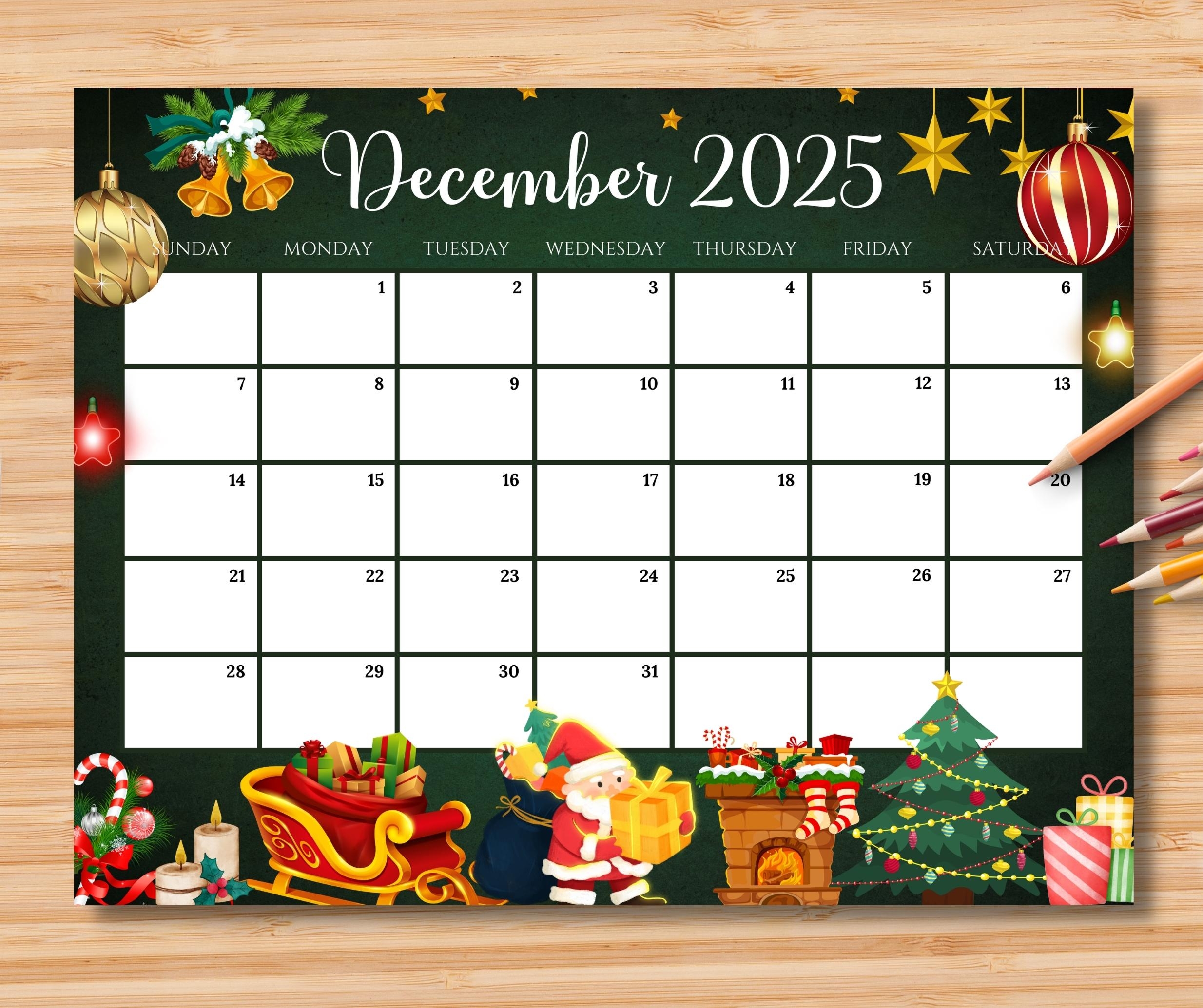 EDITABLE December 2025 Calendar Gorgeous Christmas W Santa Claus Gifts U0026 Ornaments Printable Monthly Planner For Kids School Home Work Etsy Sweden