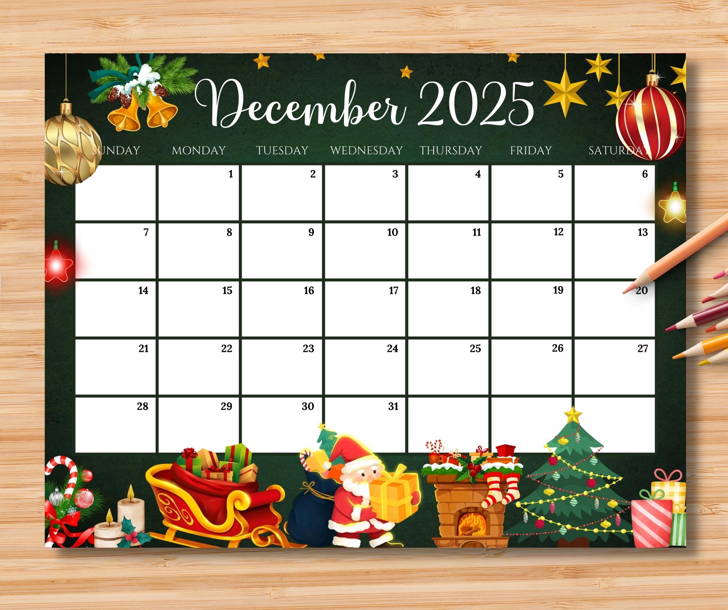 EDITABLE December 2025 Calendar Gorgeous Christmas W Santa Claus Gifts U0026 Ornaments Printable Monthly Planner For Kids School Home Work Etsy Sweden