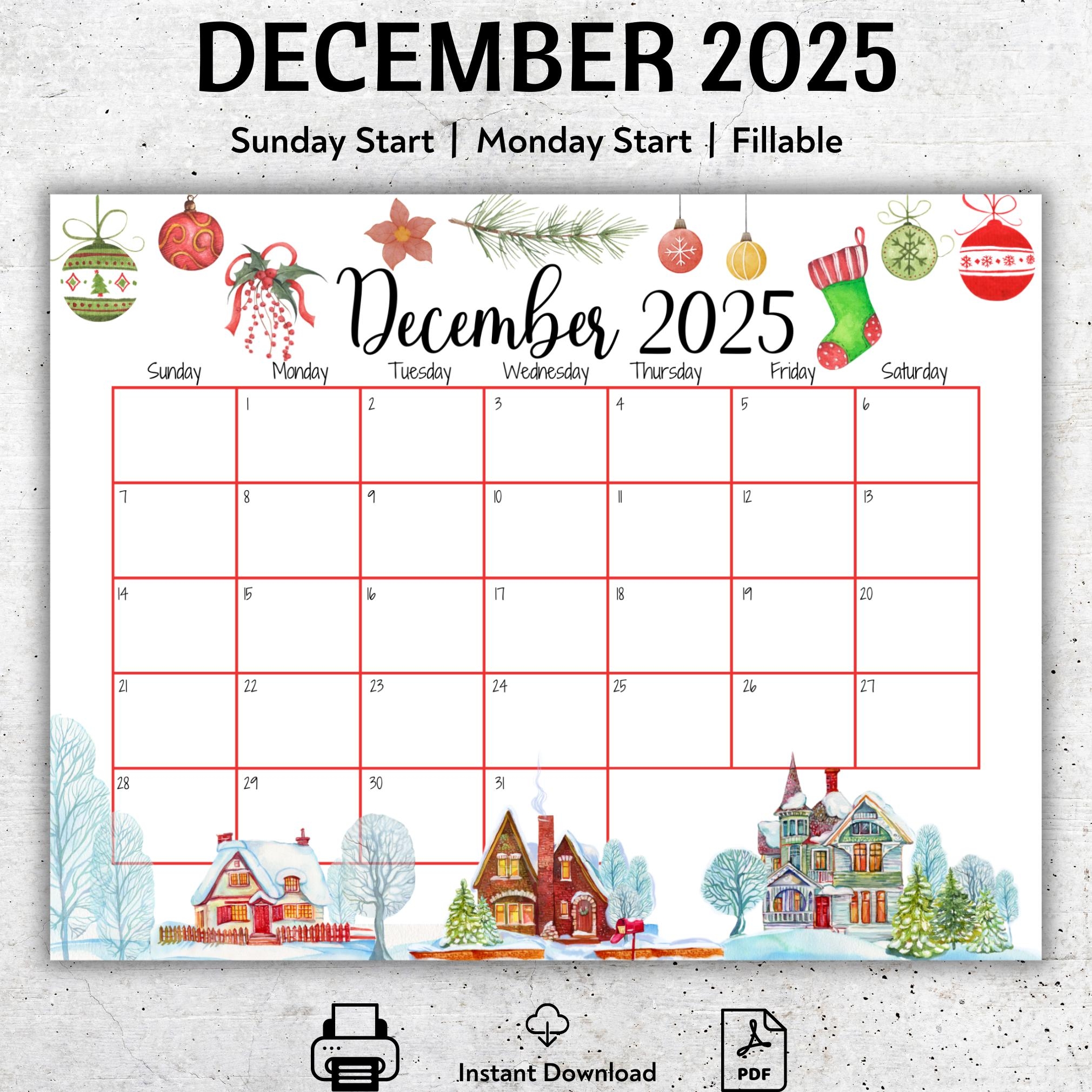 EDITABLE December 2025 Calendar Happy Christmas Snowy Houses 
